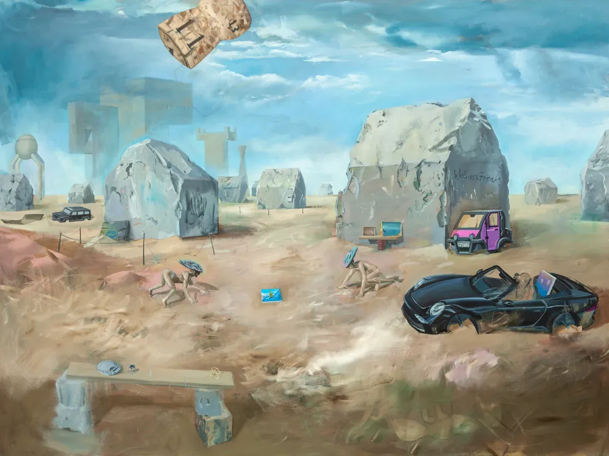 Martin Schuster painting, “Another Day in Paradise,” desert scene with cars, 2021.