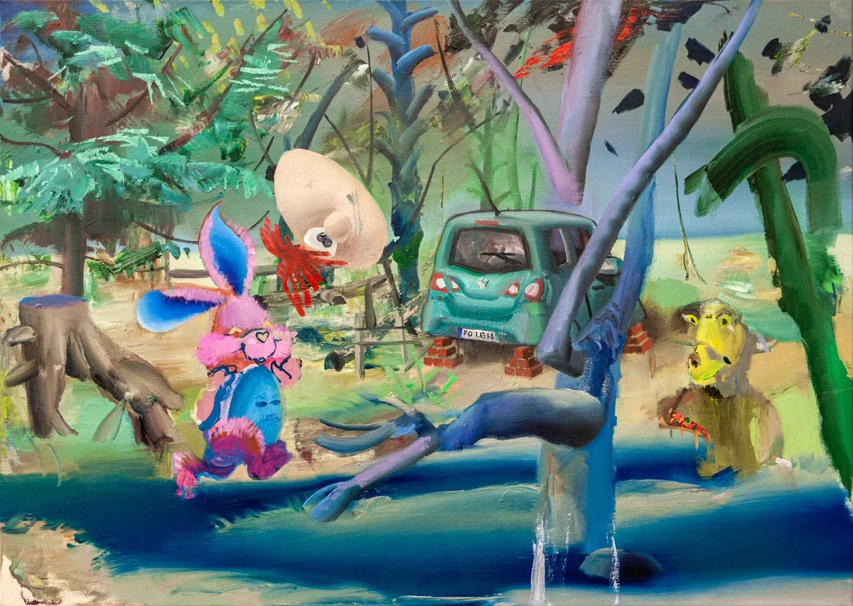 Martin Schuster painting, forest scene with cartoon motifs and car, 2021.