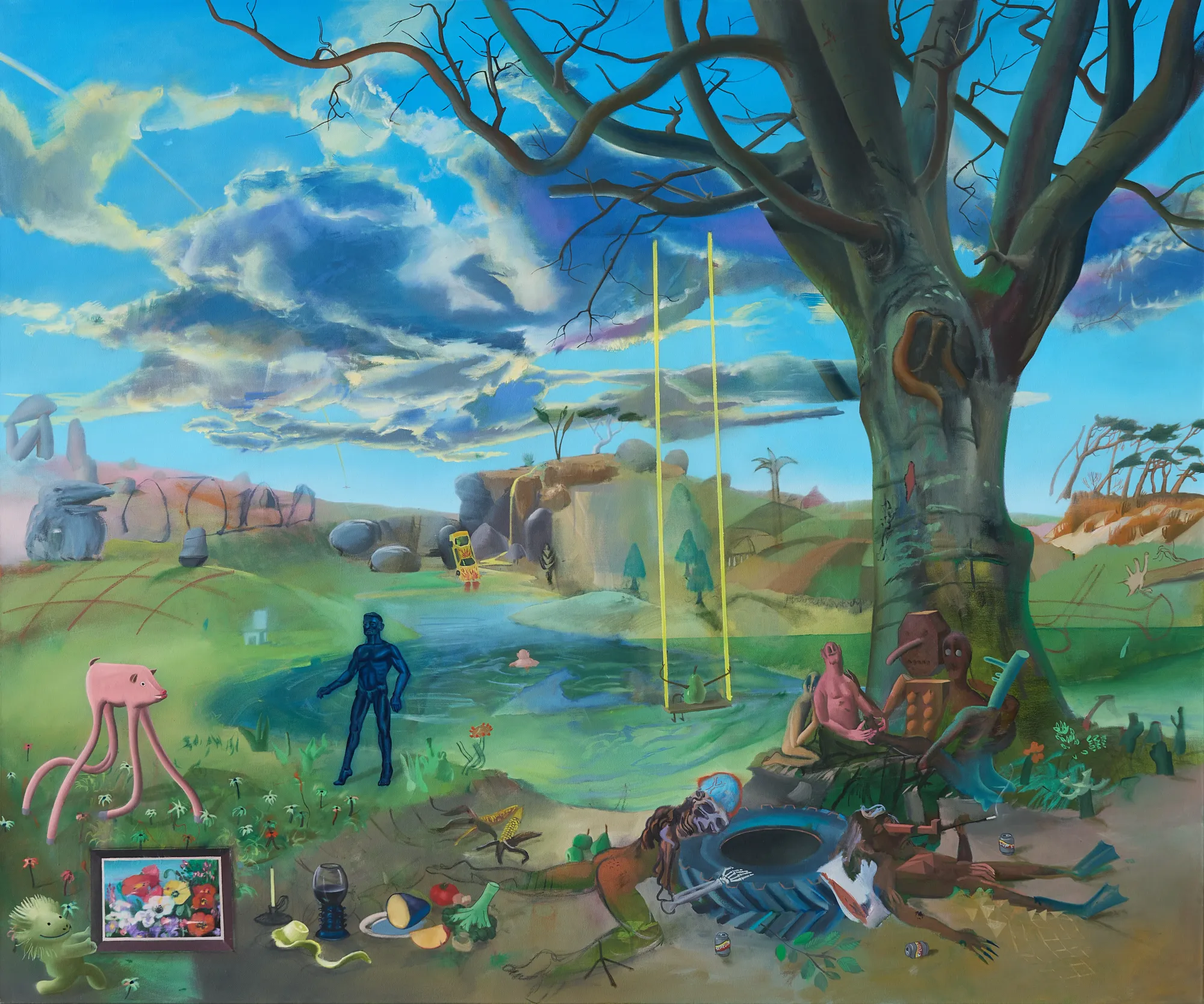 Martin Schuster painting, surreal lakeside landscape with toys and tree, 2023.