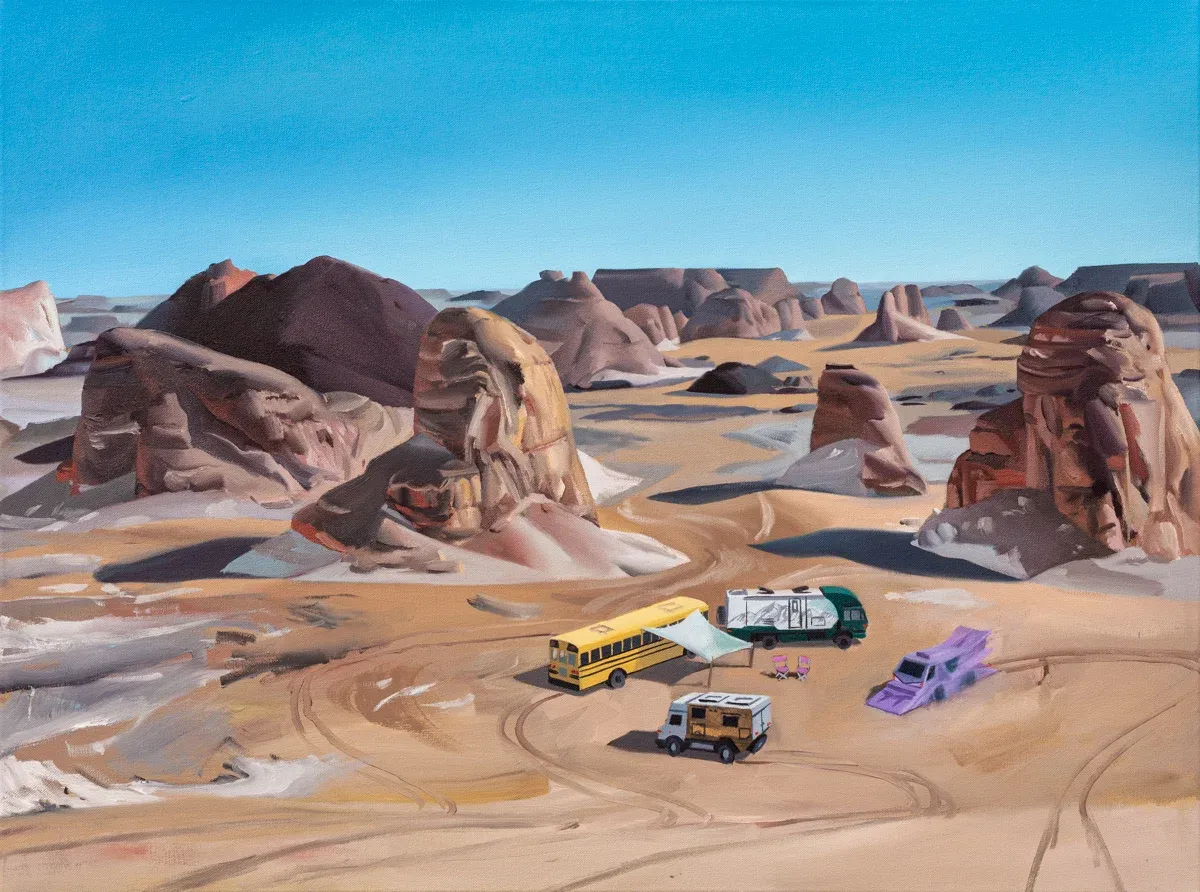 Martin Schuster painting, desert vacation vehicles among rock formations, 2020.