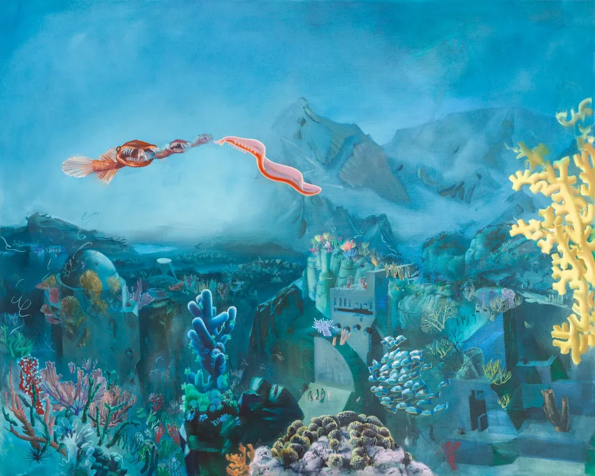 Martin Schuster painting, underwater world with kissing creatures, 2021.