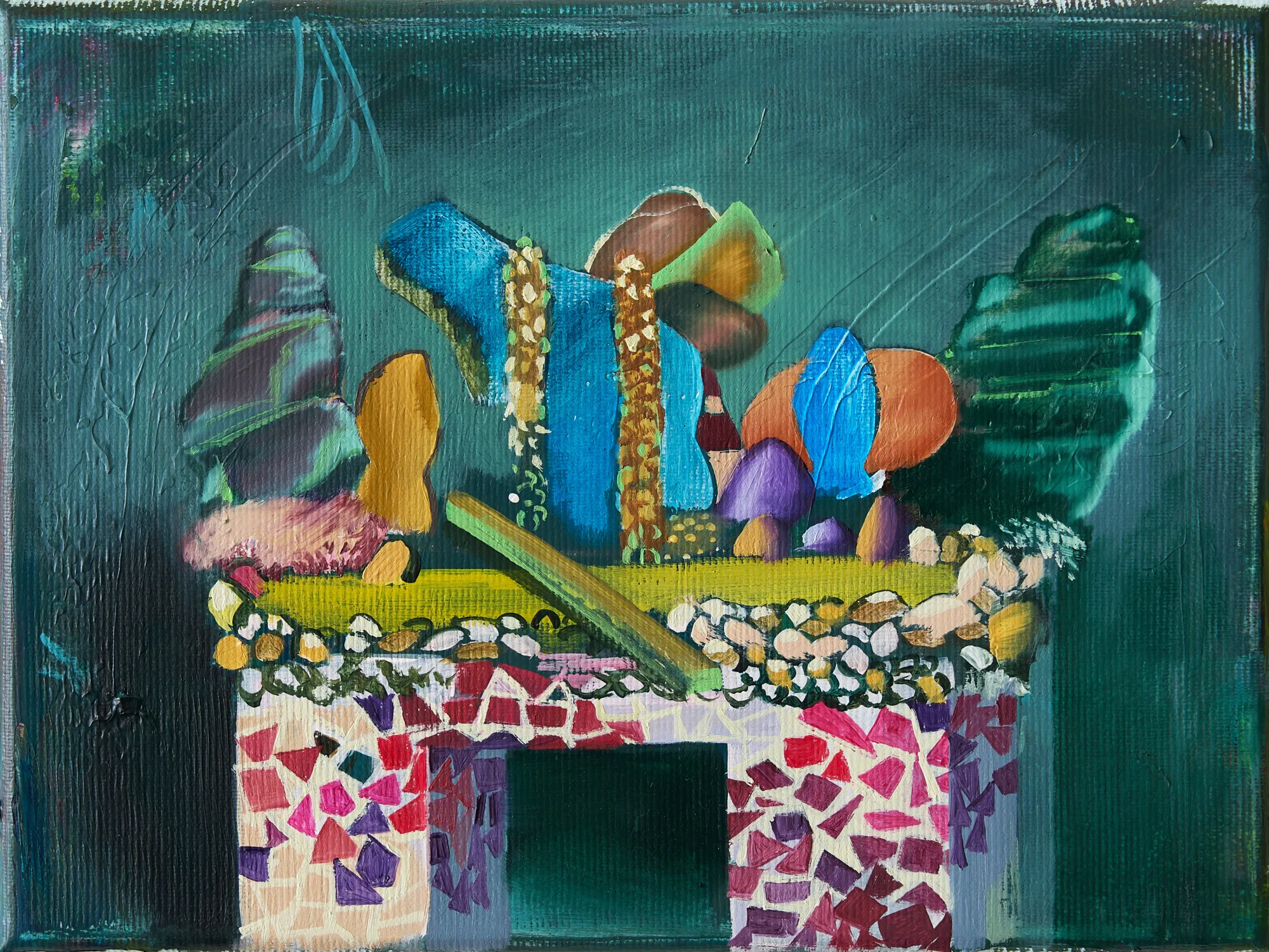 Martin Schuster small painting, “Hoàng Su Phi,” layered altar-like forms, 2023.