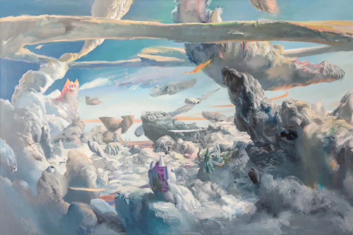 Martin Schuster painting, cloudscape with floating forms and creatures, 2019.
