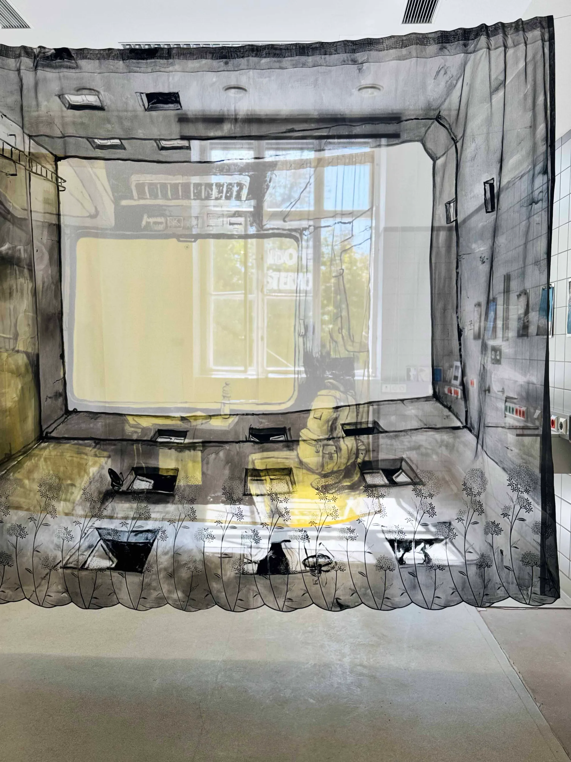 Parallel Vienna 2025: Installation by Olaf Osten, translucent fabric with architectural drawings and plant motifs, exhibited in the COOP Statements section as part of Il Mondo Esterno curated by Daniela Wageneder-Stelzhammer at the Otto Wagner Areal, Vienna.