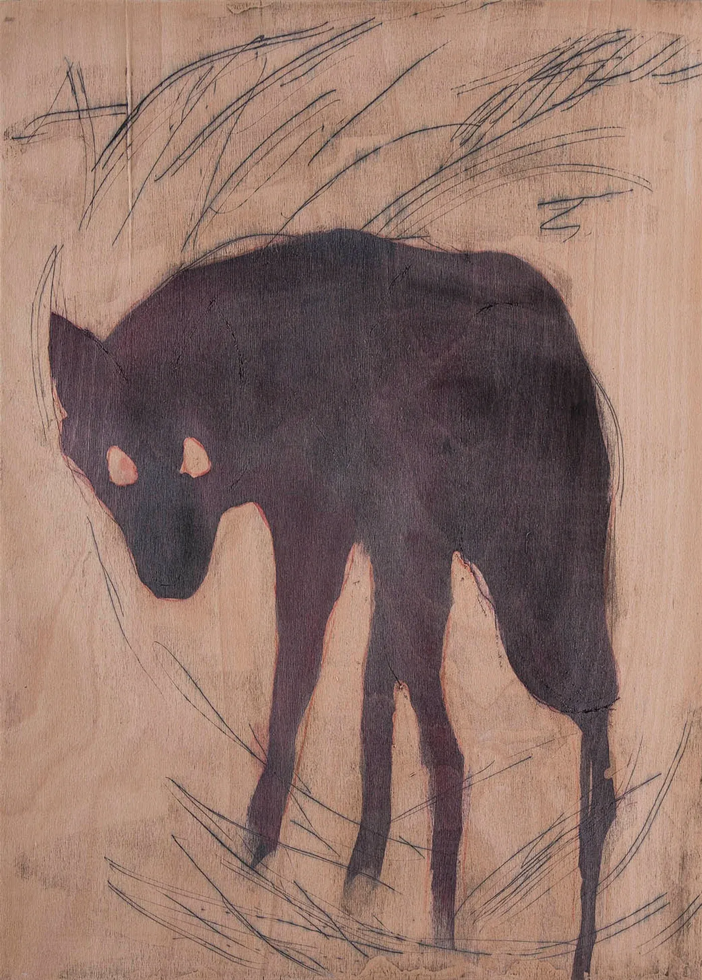 olga pastekova, rotkäppchen, mixed media on wood, wolf painting