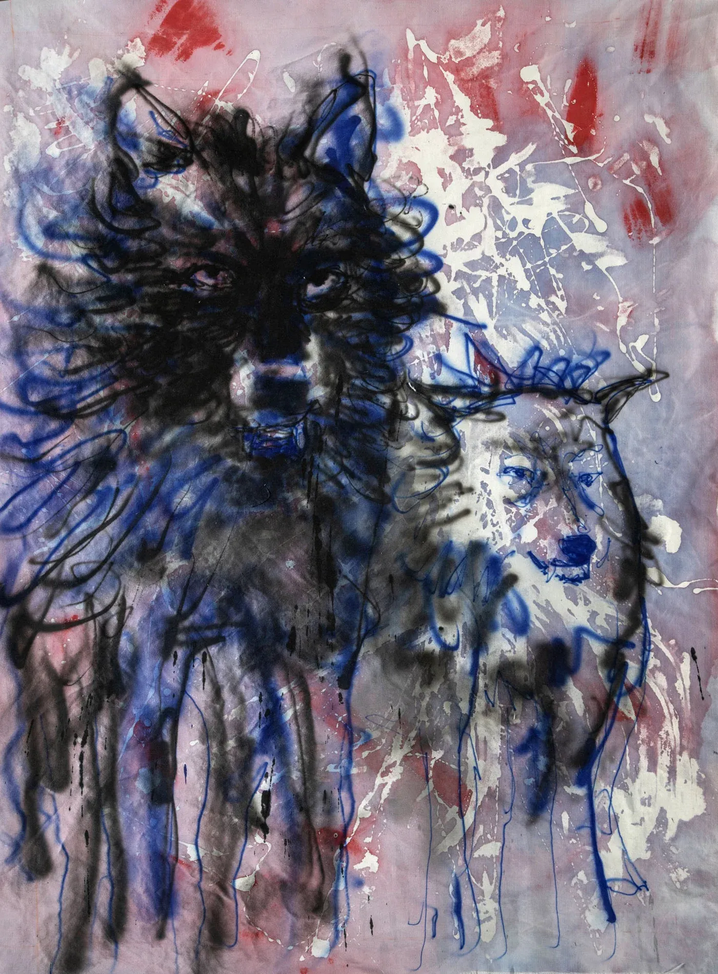 painting to wolves in blue black and white acryl, airbrush on canvas