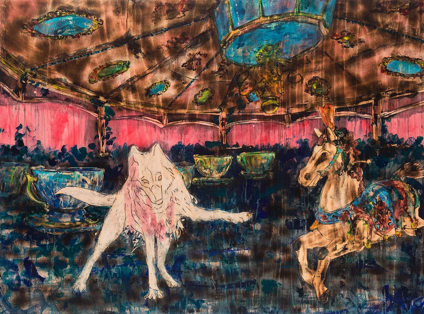 olga pastekova, in wonderland, mixed media firepainting on wood, wolf and carousel painting