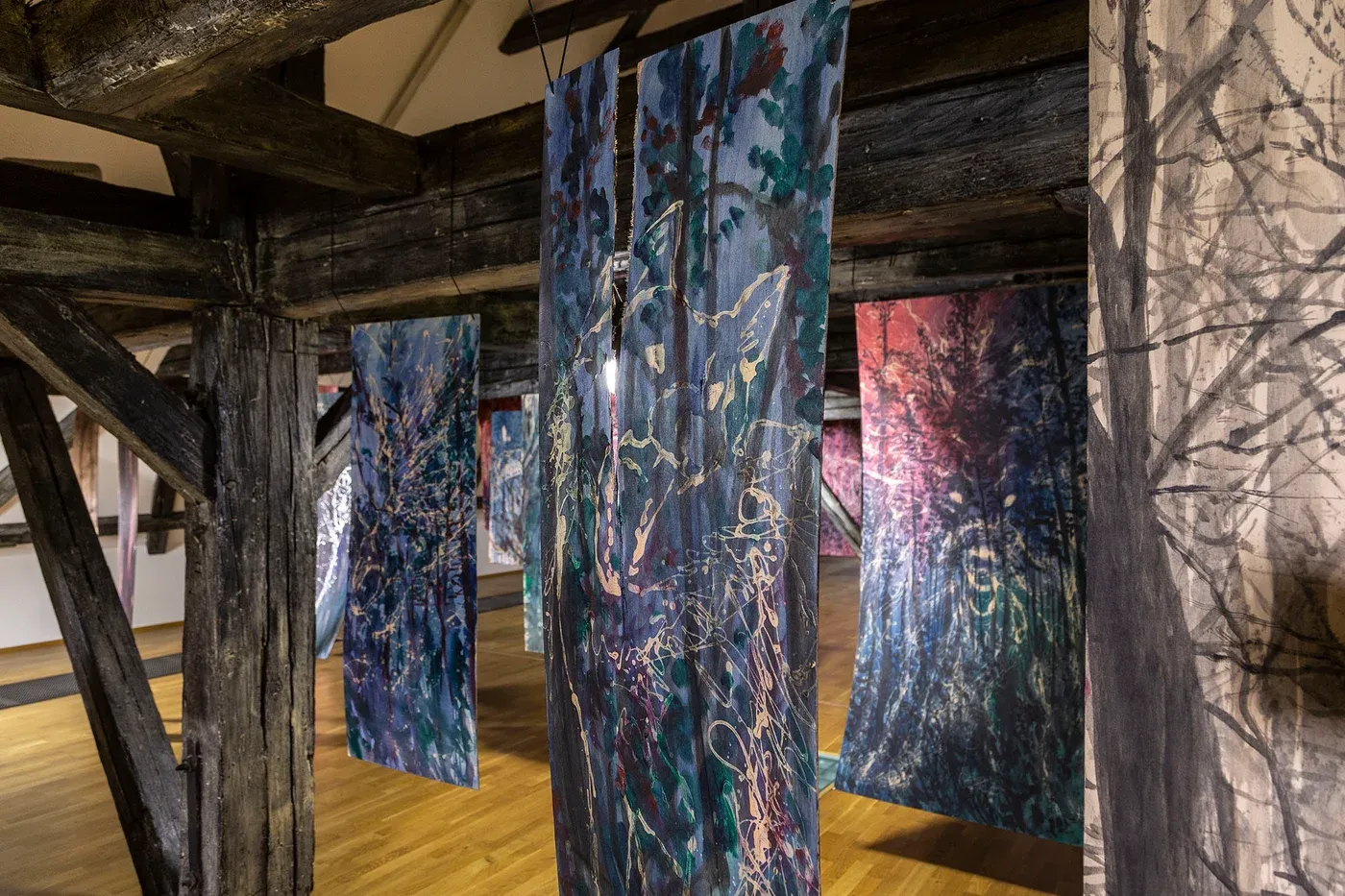 olga pastekova, red moon, mixed media on wood, hanging panels installation