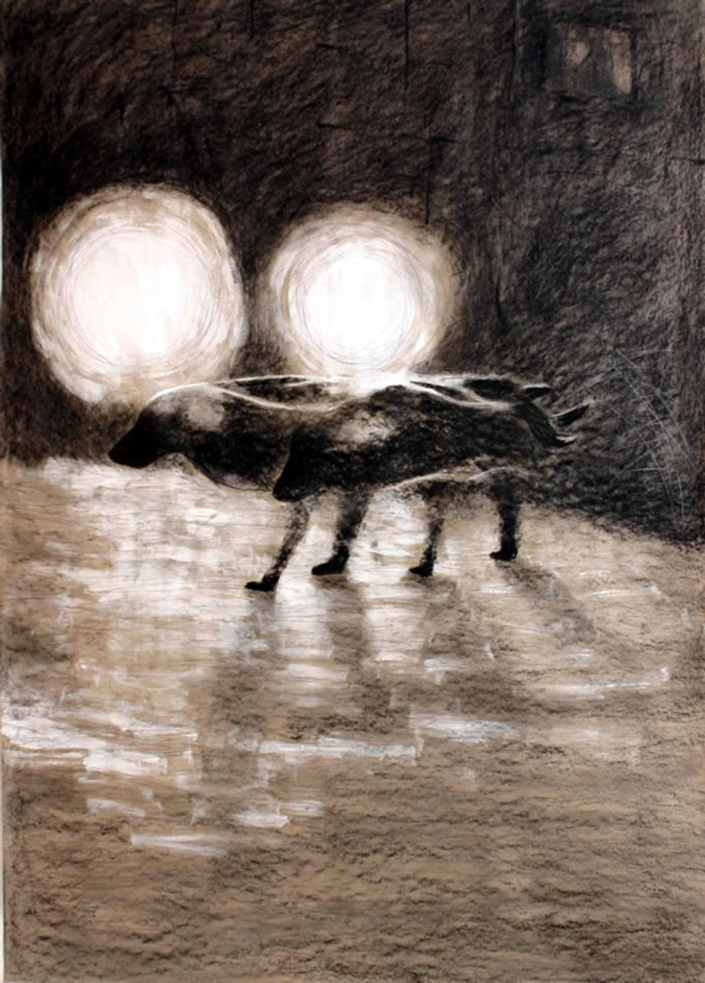 olga pastekova, night walker i, mixed media on brown paper, wolf drawing