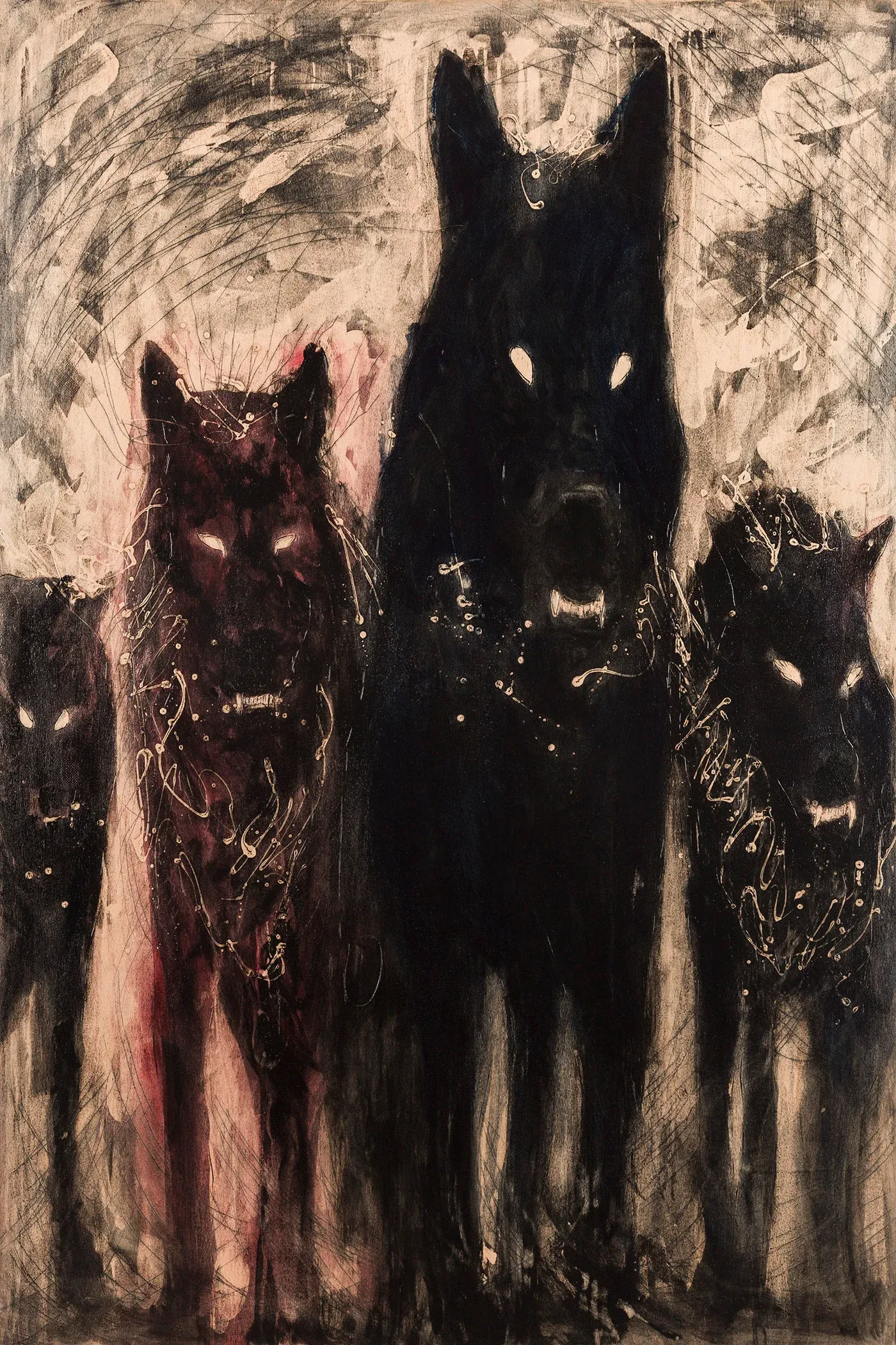 olga pastekova, rotkäppchen, mixed media on wood, wolf painting