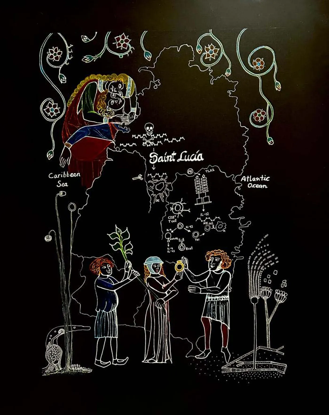 rica fuentes martinez, santa lucia, watercolor with special effects and colored ink on black paper, figurative contemporary drawing, vienna 2023