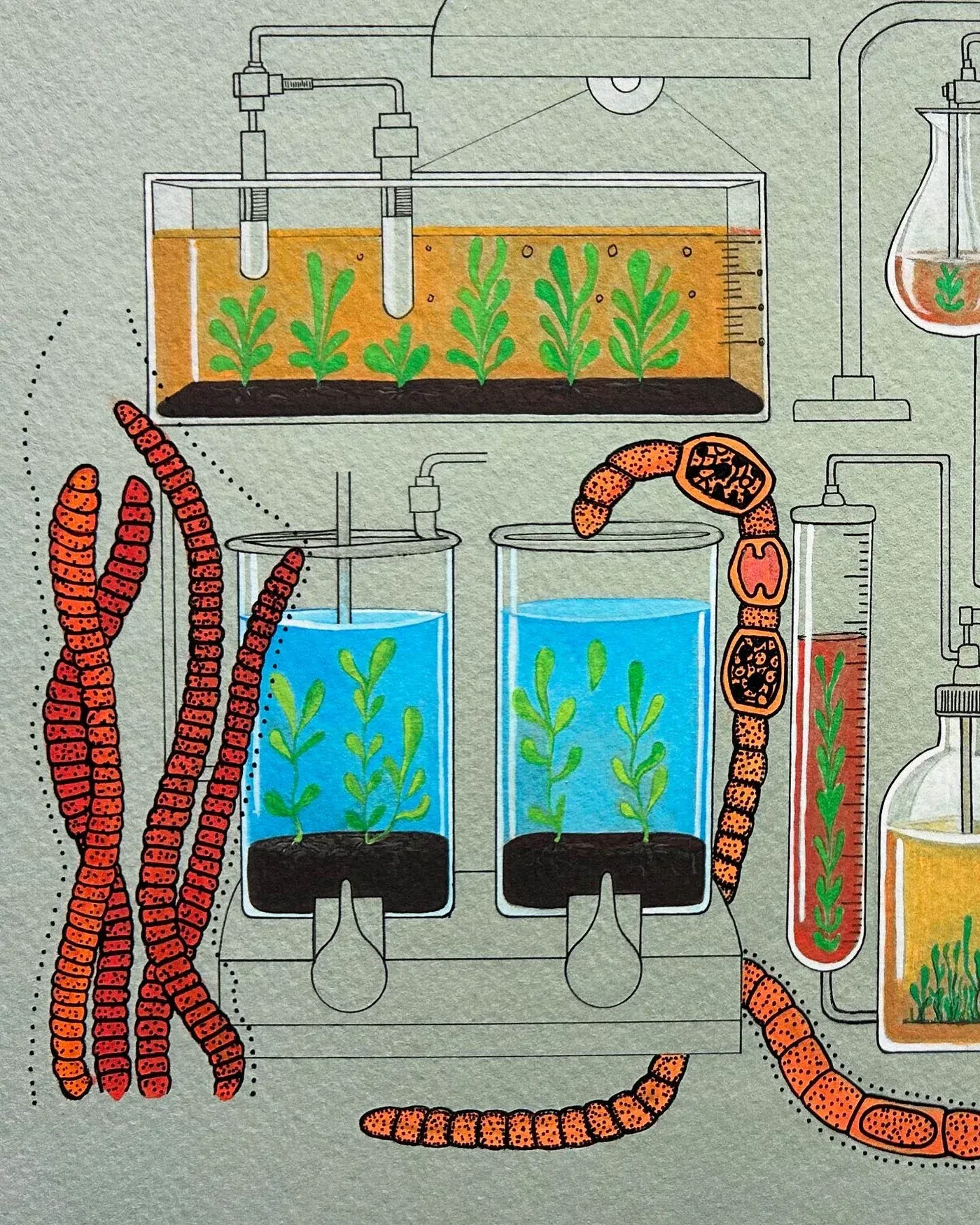 rica fuentes martinez, detail of modular mix x edition 2 of 2 red, gouache watercolor and ink on handmade paper, laboratory ecosystem with red organic forms, 2024