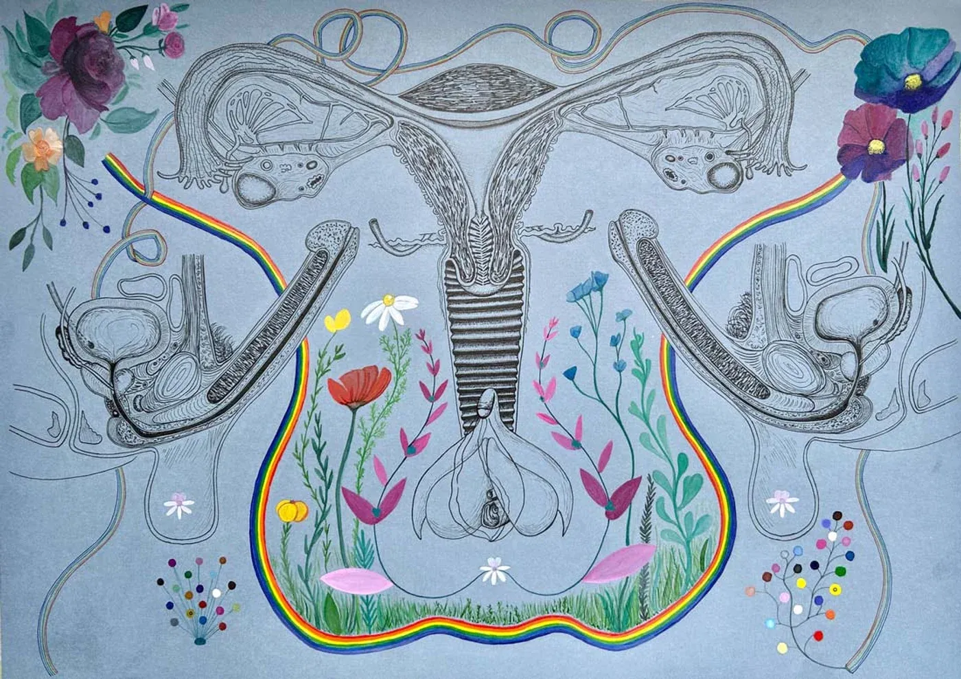 rica fuentes martinez, watercolor and ink on blue paper, vulva inspired contemporary drawing, vienna 2024
