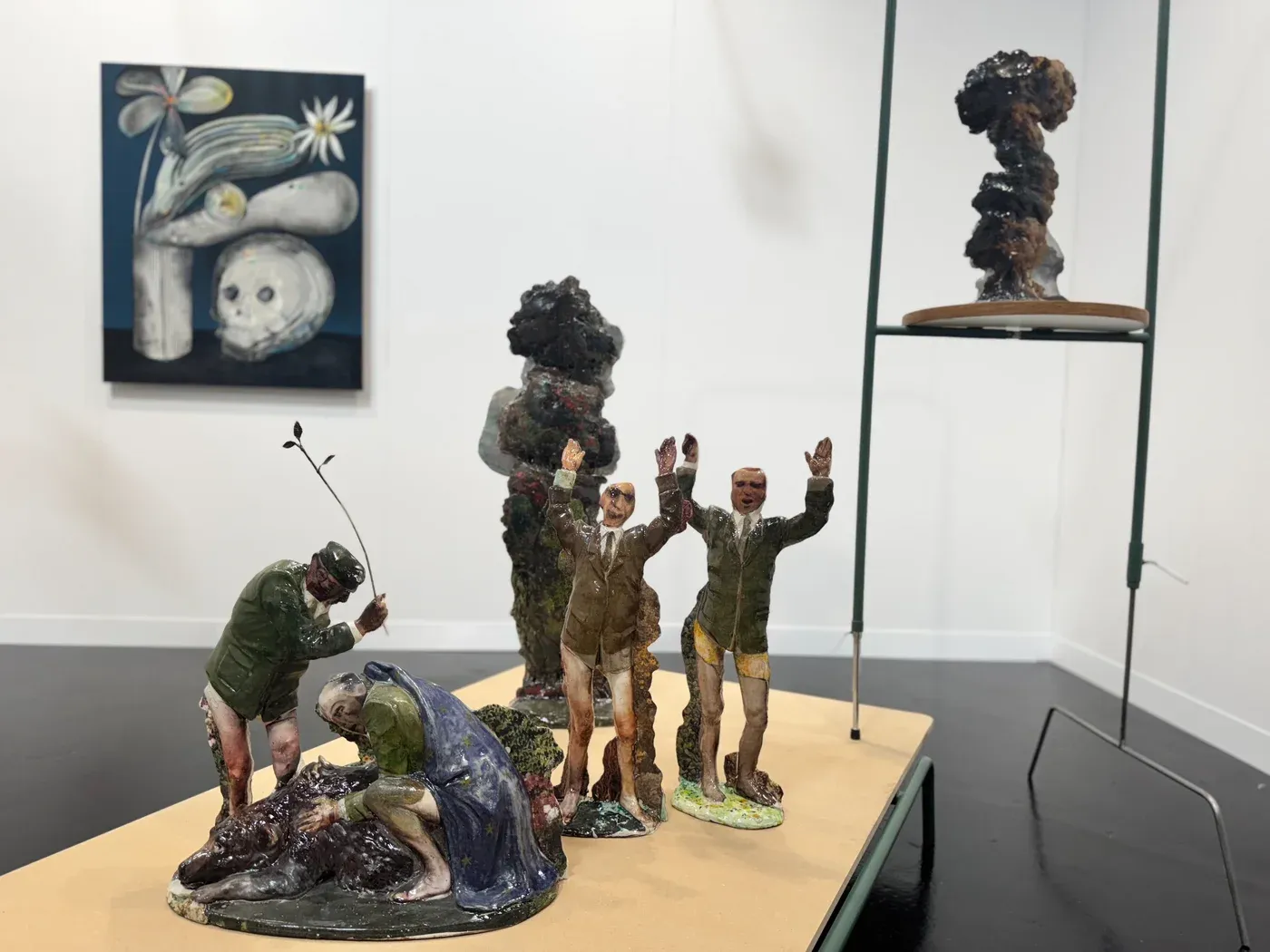 Daniele Franzella, glazed ceramic figurines in satirical scene, RizzutoGallery, Vienna Contemporary 2025.