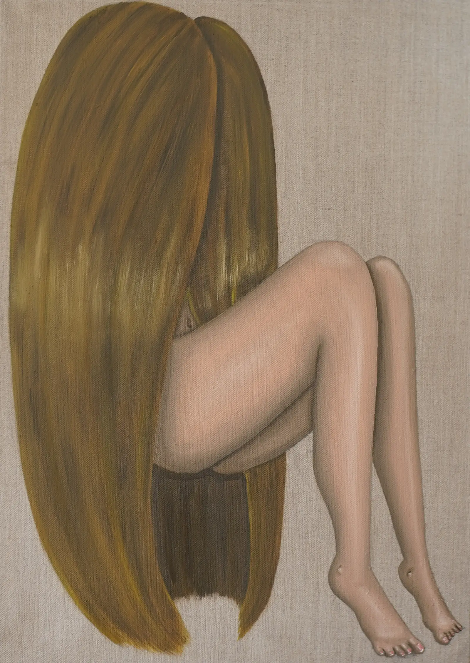 Lisa klinger painting oil paint long haired woman and all you can see are her legs and hir