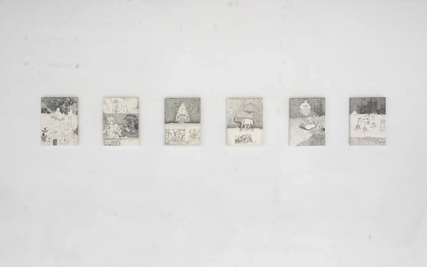 Stefan Bakmand: Wall installation view of small monochrome drawings from “Dungeon Tongues,” Korridor, 2021. Photo Mikkel Kaldal. Image courtesy the artist.