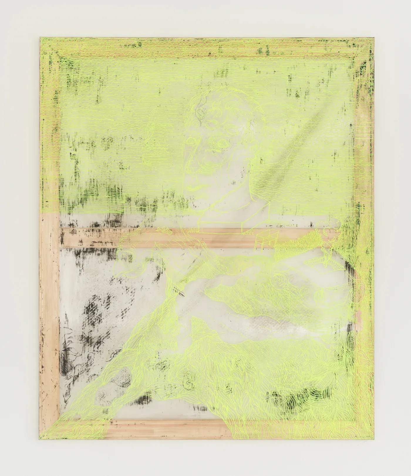 Stefan Bakmand: Translucent neon-lime portrait on exposed stretcher from “Apollo’s Anxiety,” Bybliomoebick Mouseion, 2025. Photo Luna Lund Jensen. Image courtesy the artist.