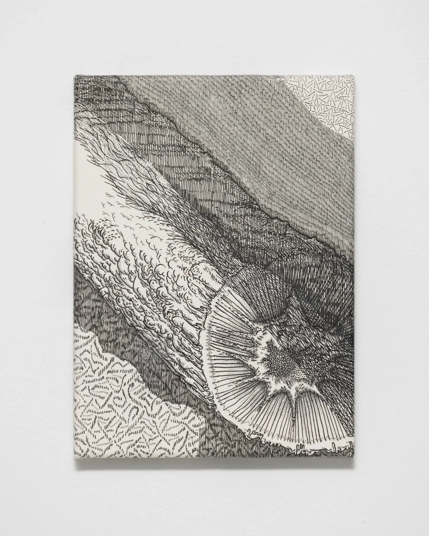 Stefan Bakmand: Monochrome ink drawing with fine-line, pointillist textures, radiating star-like cross