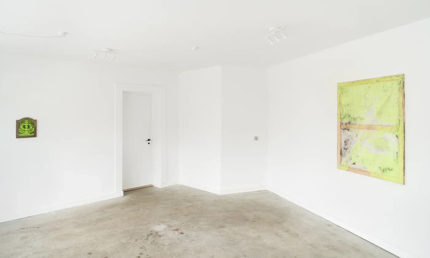 Stefan Bakmand: Exhibition view at Bybliomoebick Mouseion showing neon framed works in white room, 2025. Photo Luna Lund Jensen. Image courtesy the artist.