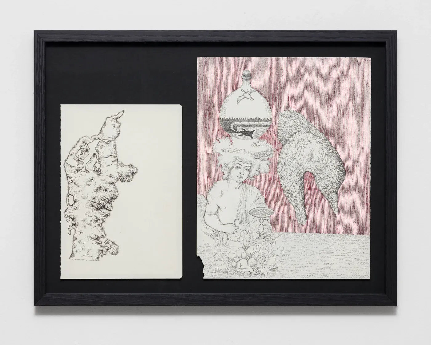 Stefan Bakmand: Framed diptych with pink field and graphite study, emblematic figures and textures, drawing on paper, 2025. Photo Mikkel Kaldal. Image courtesy the artist.
