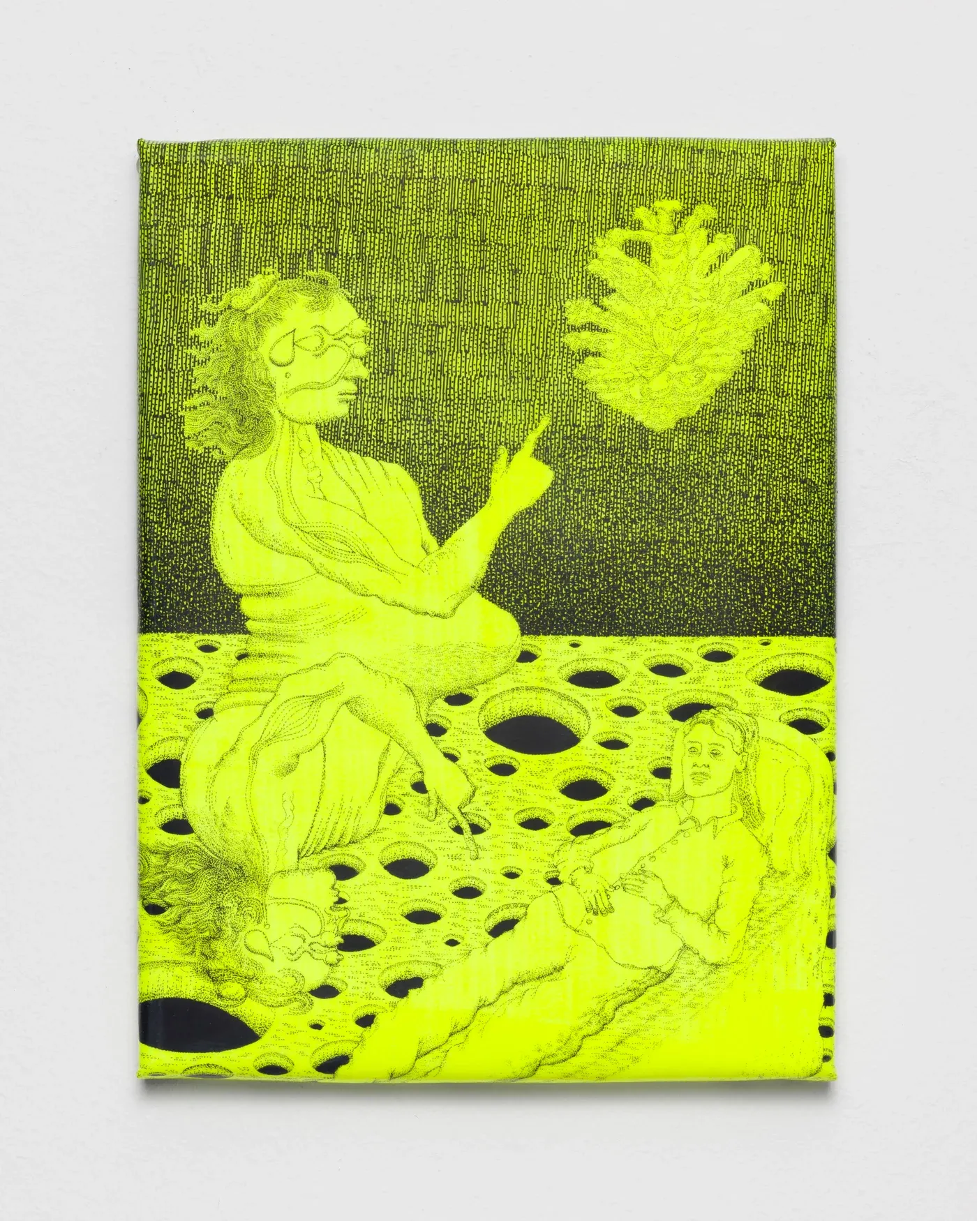 Stefan Bakmand: Neon ink drawing of two figures on a perforated plain with a floating organ, Bybliomoebisk cosmology, canvas, 2025. Photo Mikkel Kaldal. Image courtesy the artist.