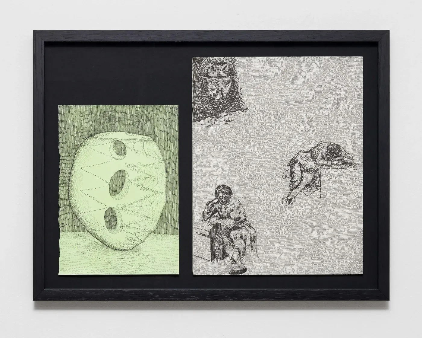 Stefan Bakmand: Framed diptych with mask-like form and graphite scene, drawing on paper, 2025. Photo Mikkel Kaldal. Image courtesy the artist.