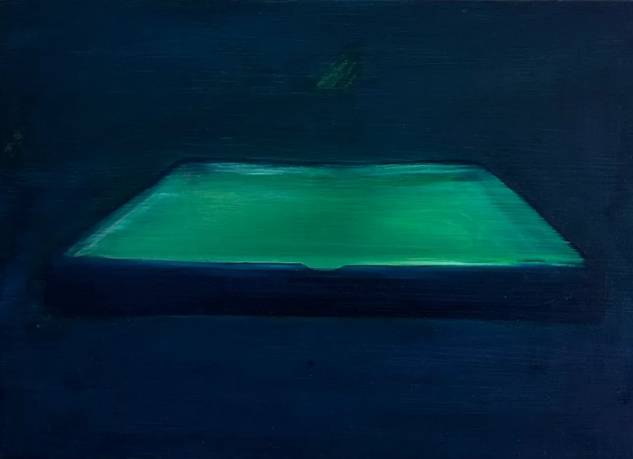 Maria Luz, painting A tiny tiny snooker so we can play really really close to each other, oil on wood, 2023.