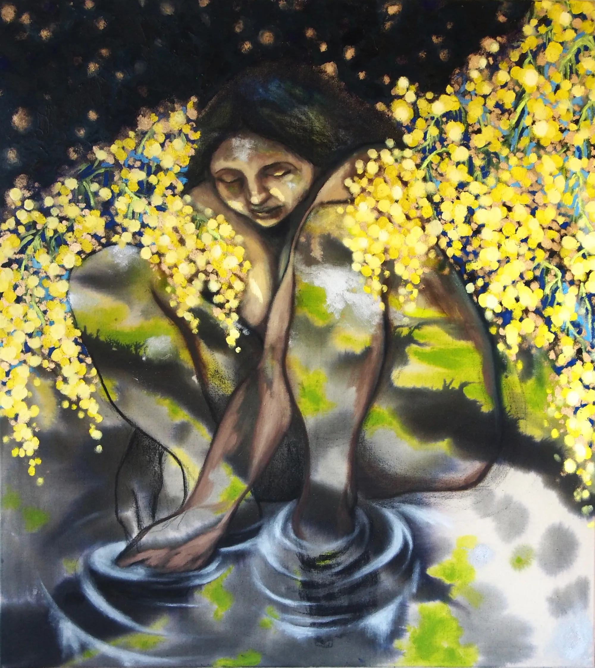 Candy Bassas, Mimosa, 2025, oil, acrylic and ink on canvas, woman surrounded by yellow flowers, contemporary figurative painting.