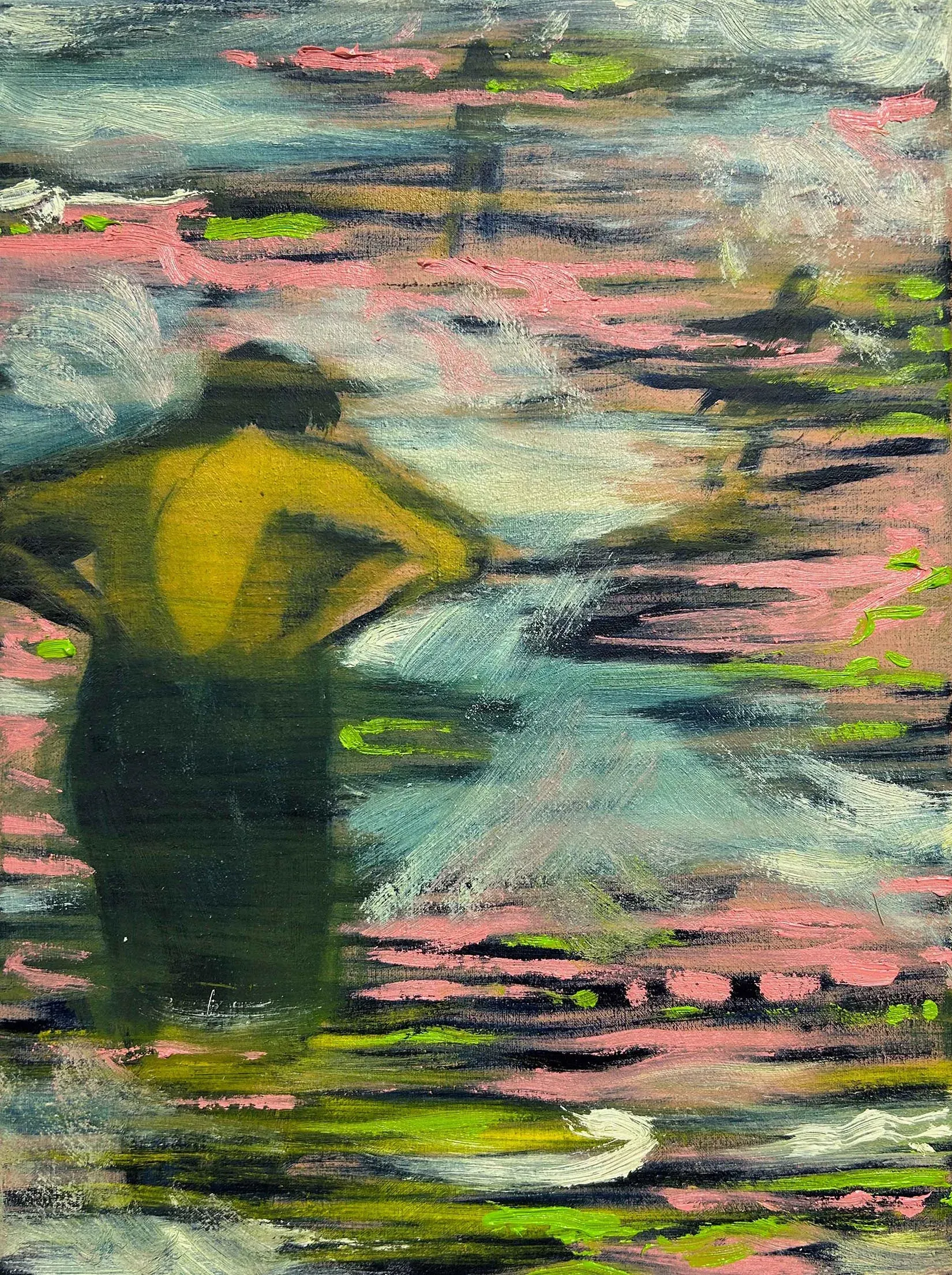 Candy Bassas, oil on canvas, solitary figure in pink and green nocturnal water, contemporary art