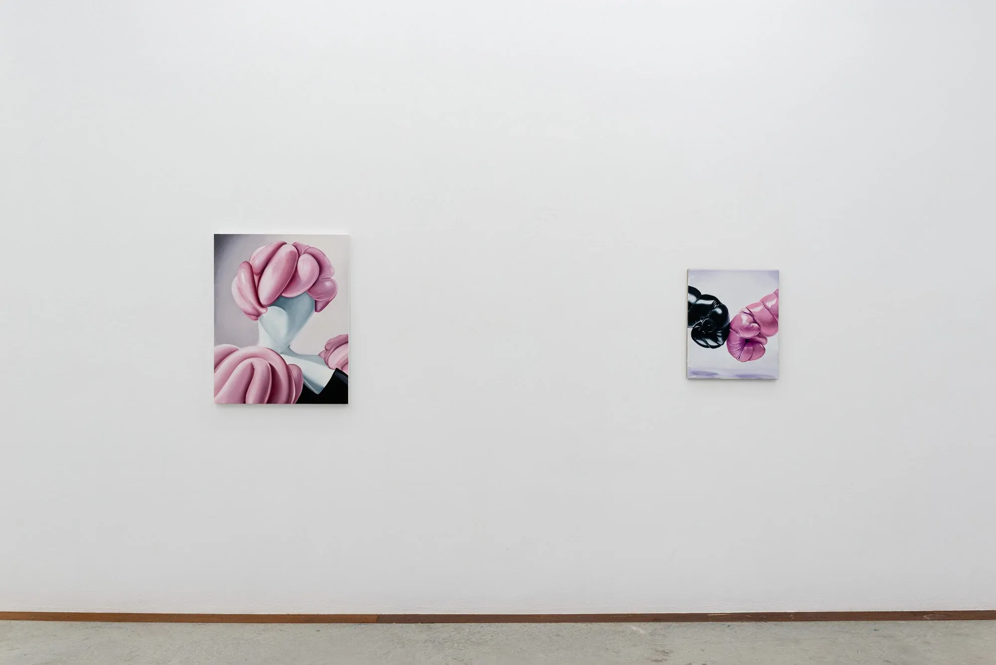 Charlie Stein Everything Not Saved Will Be Lost exhibition view Kunsthalle II showing padded figures in glossy embrace Image courtesy CCA Andratx 