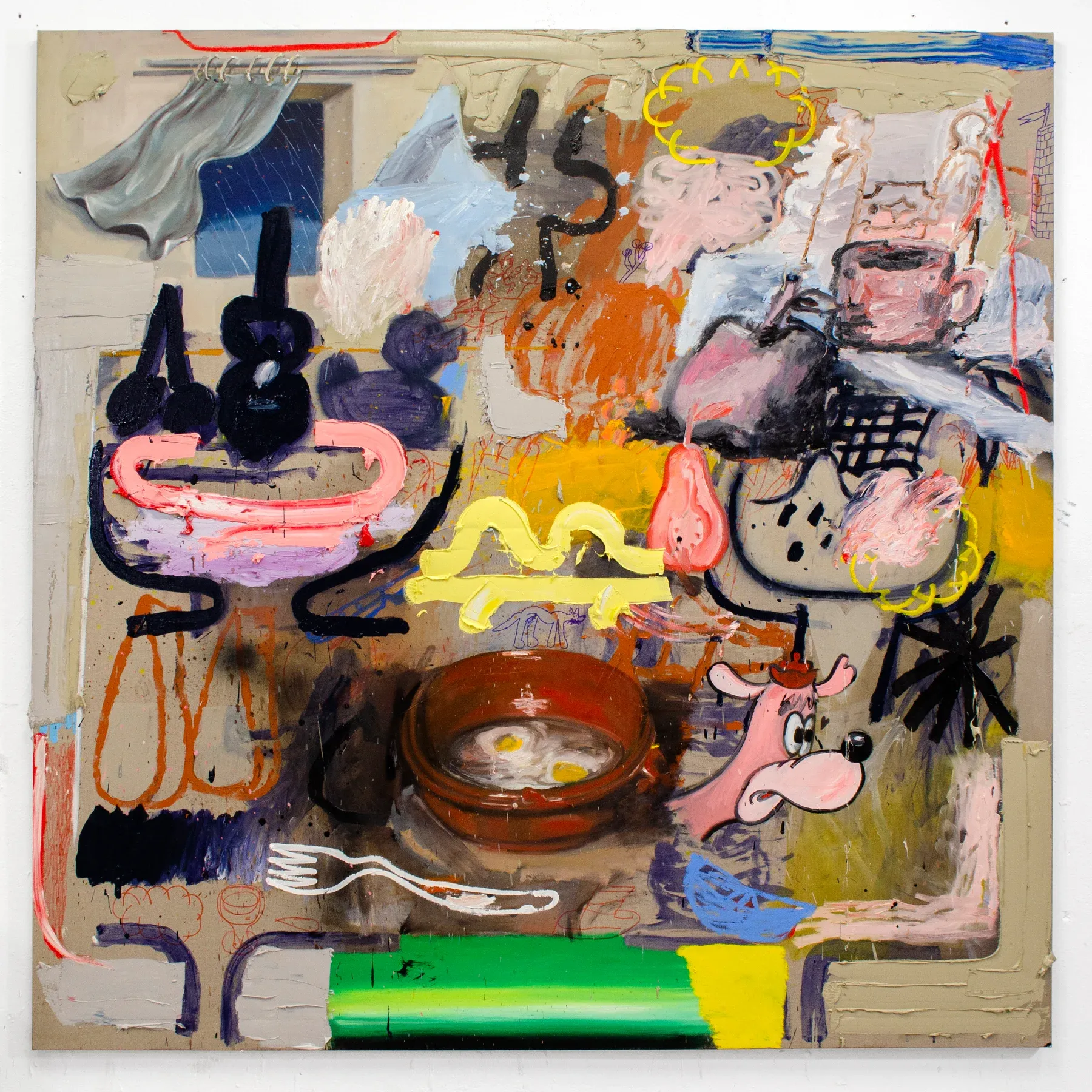 Llueve fuera aquí dentro los dos by Manuel García Fernández, 2025. Colorful still-life painting with cartoonish forms and layered textures. Exhibited at HAGD_Contemporary Gallery.