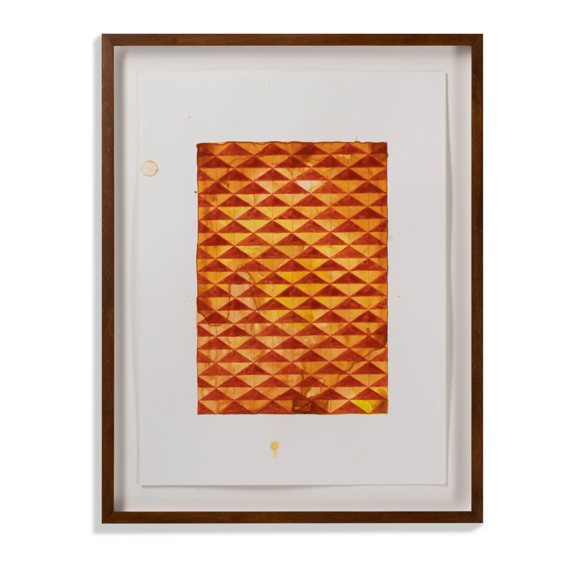 Matthias Esch, Untitled work on paper, orange and yellow triangular grid pattern, geometric abstraction exploring system and repetition.