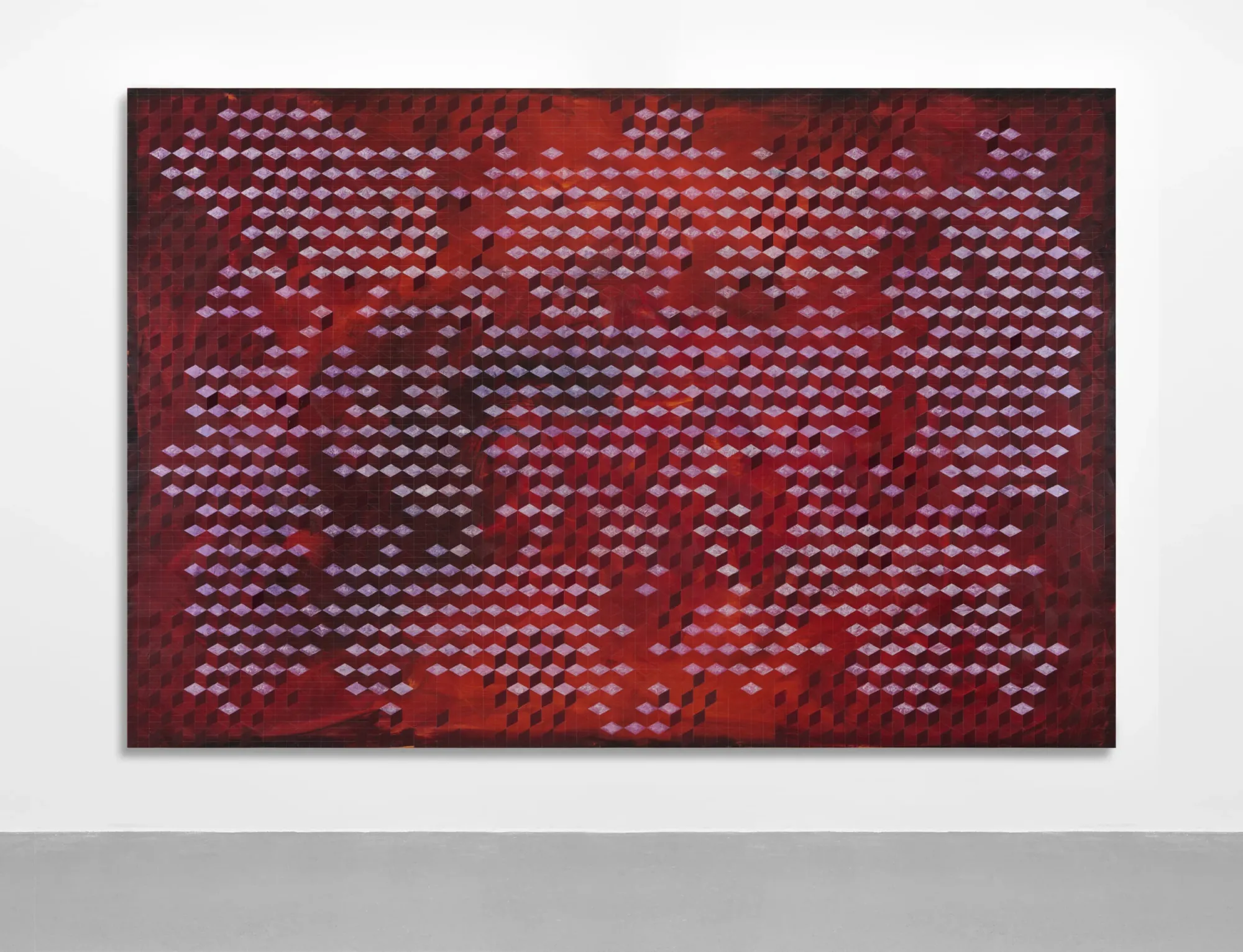 Alt: Matthias Esch, close-up of geometric red cube pattern from Surrounding Structure series, oil and mother-of-pearl on linen, Berlin-based abstract painter.