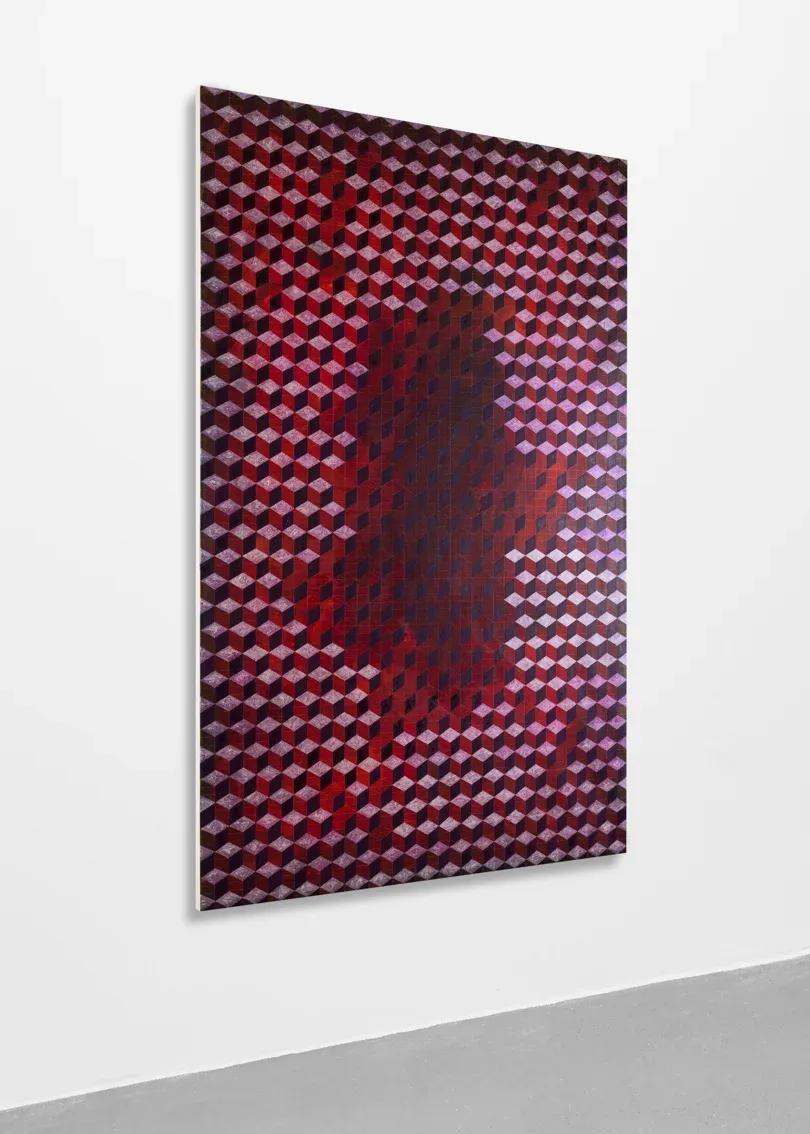Matthias Esch, Describe Pain (A Prison, Dissolving), geometric red and violet cube pattern painting in oil, pen, and mother-of-pearl on linen, 200 × 130 cm, Berlin-based contemporary abstraction.