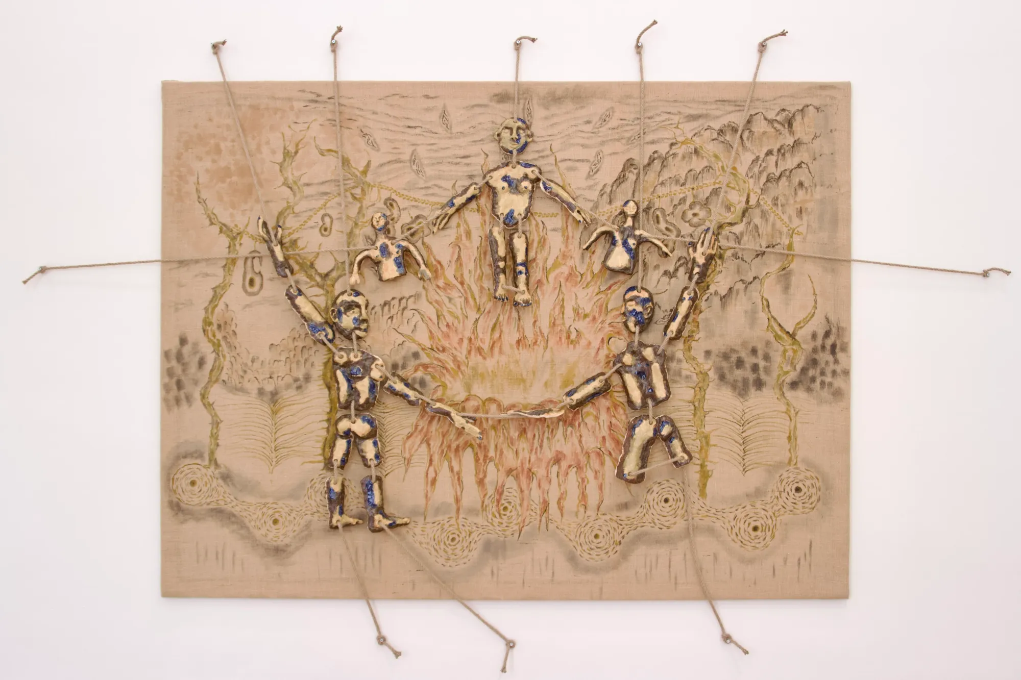 Seung-yeon Jung, Harmony in Motion, ceramic and jute wall installation showing intertwined figures and rhythmic patterns, Vienna, 2025.