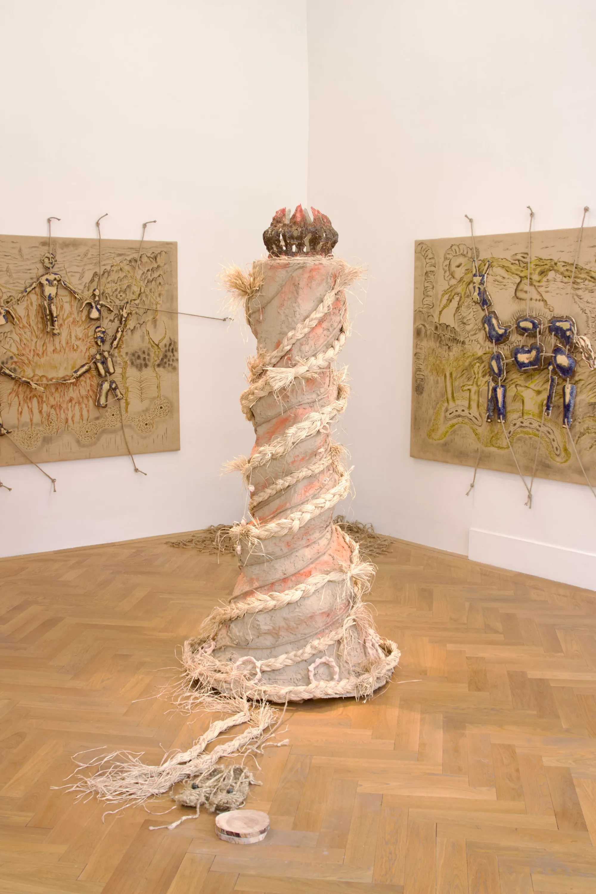 Seung-yeon Jung, Flame of Harmony, 2025, detailed view of spiral ceramic and jute sculpture from Diploma Exhibition, Exhibit Galerie, Vienna.