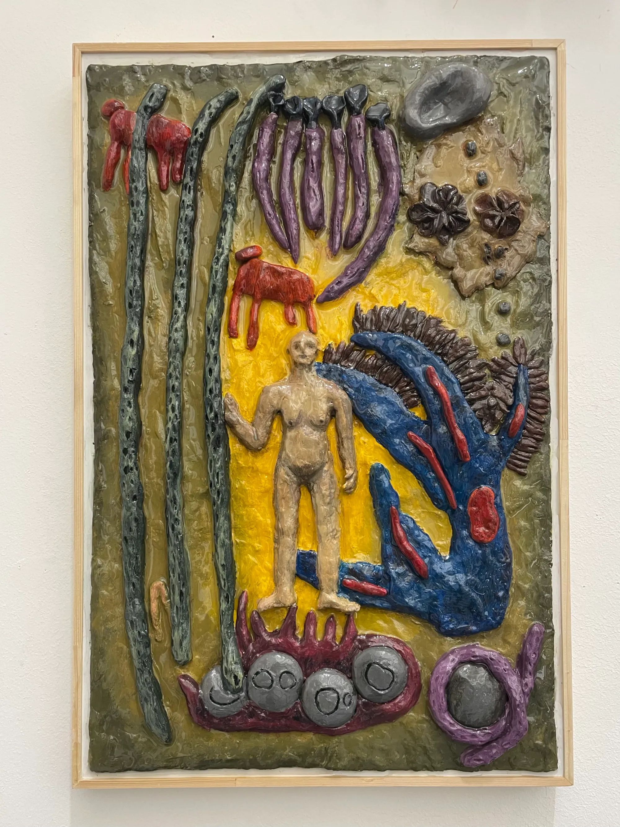 Seung-yeon Jung, Dayllusion, 2024, resin and modeling clay relief showing surreal human and animal shapes in vivid color and textured surfaces.