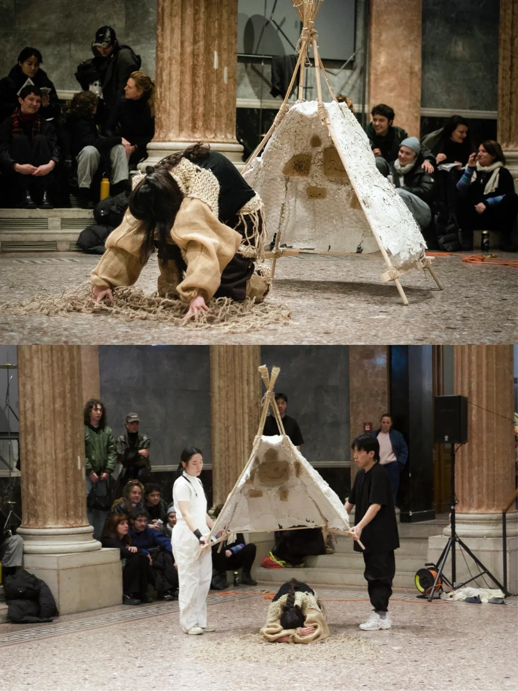 Seung-yeon Jung, Inverted Cave, 2025, performance with sculptural shelter structure of papier mâché and wood exploring identity, belonging, and collective memory.