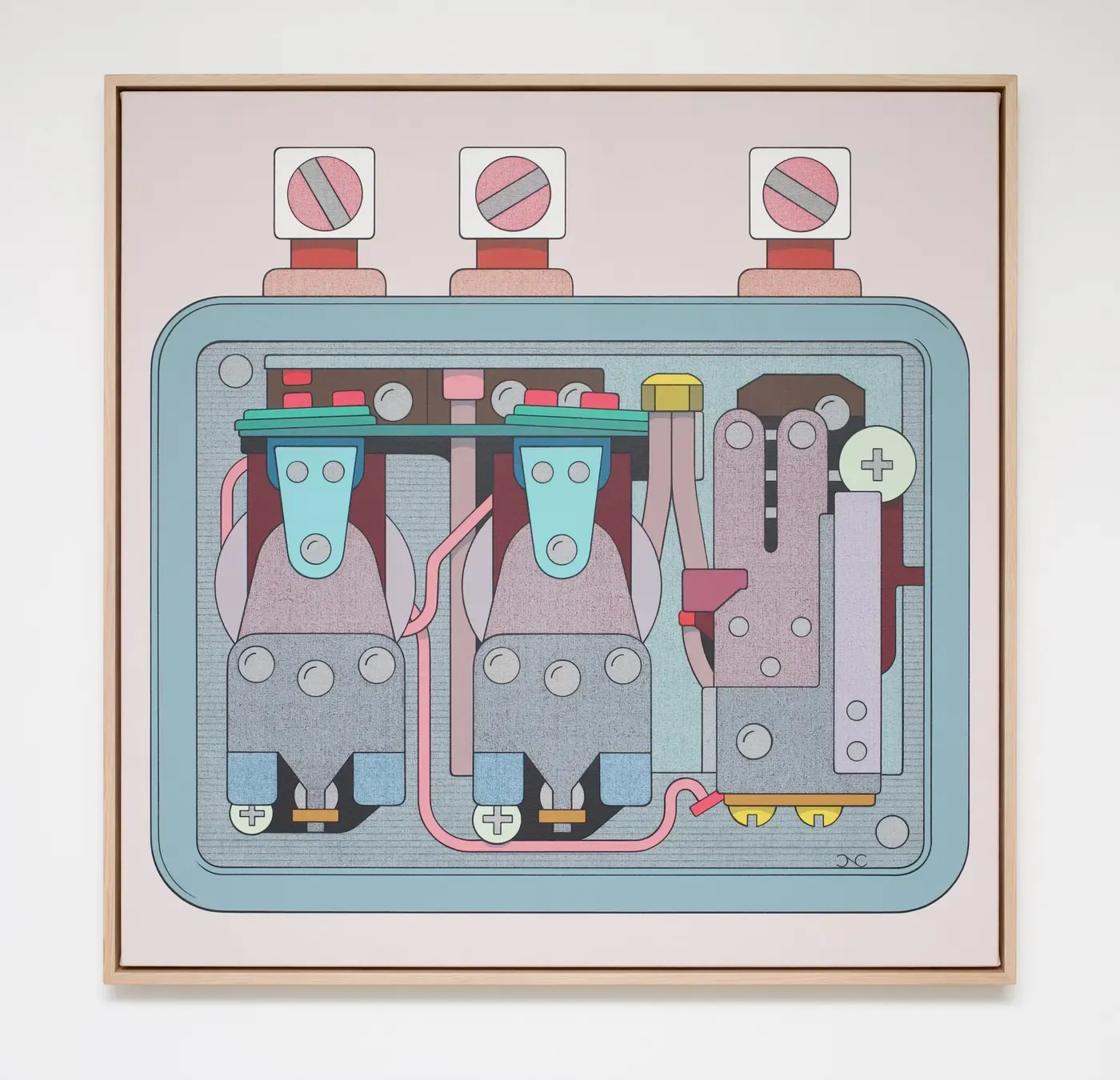 Painting by Chris Cassimatis titled Regulator, depicting a stylized mechanical circuit with switches, wires and symmetrical components in muted pastel tones. Image Courtesy of the Artist.