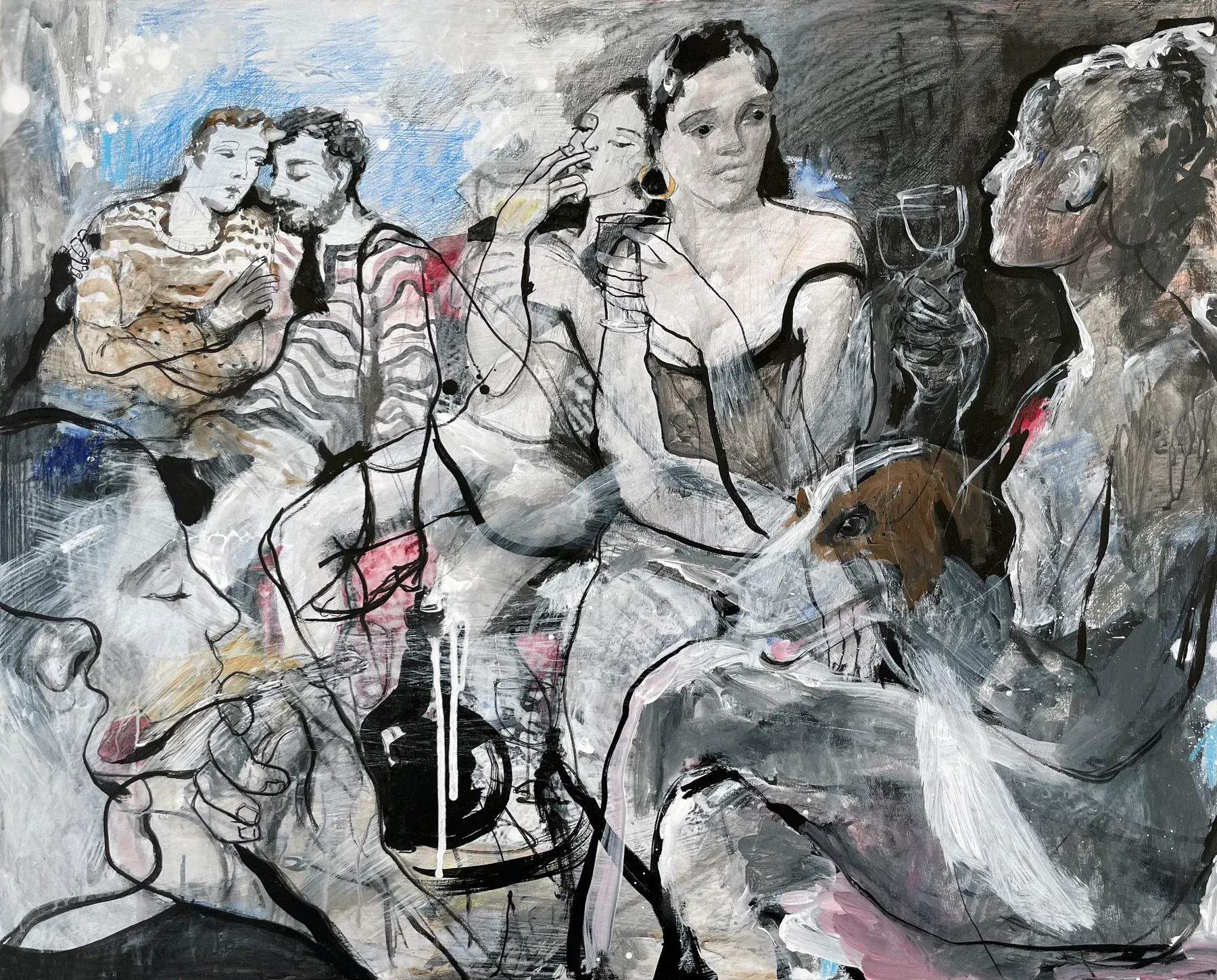 A lively figurative composition by Maria Naidyonova showing a group of people gathered around a table with drinks, depicted in layered lines and expressive marks.