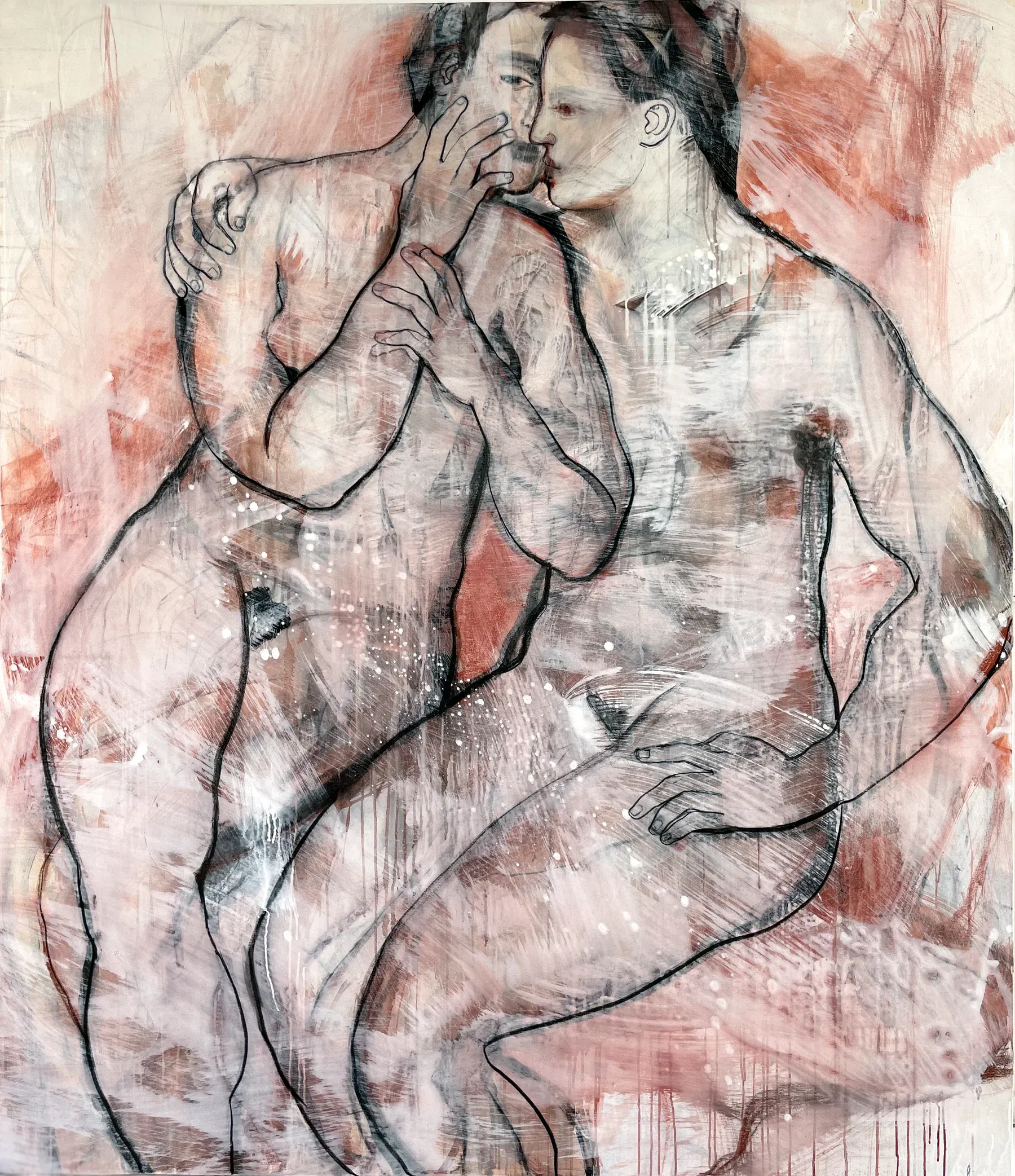 A large mixed-media painting by Maria Naidyonova depicting two intertwined nude figures sharing an intimate gesture, rendered in expressive lines with warm pink and white tones.