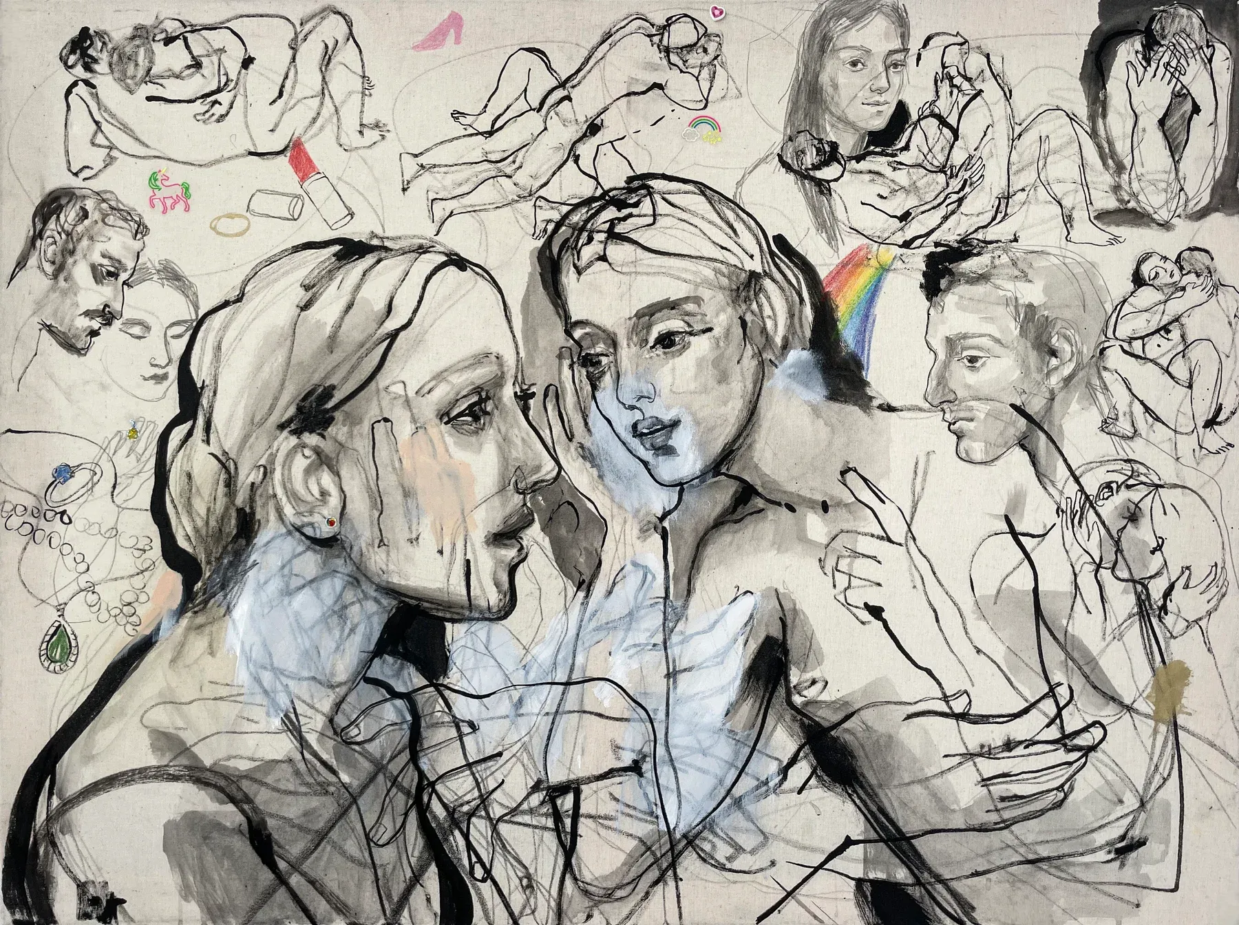 A layered figurative composition by Maria Naidyonova featuring intimate close-ups of faces and bodies drawn in graphite, ink, and soft washes, with smaller narrative scenes scattered across the canvas.