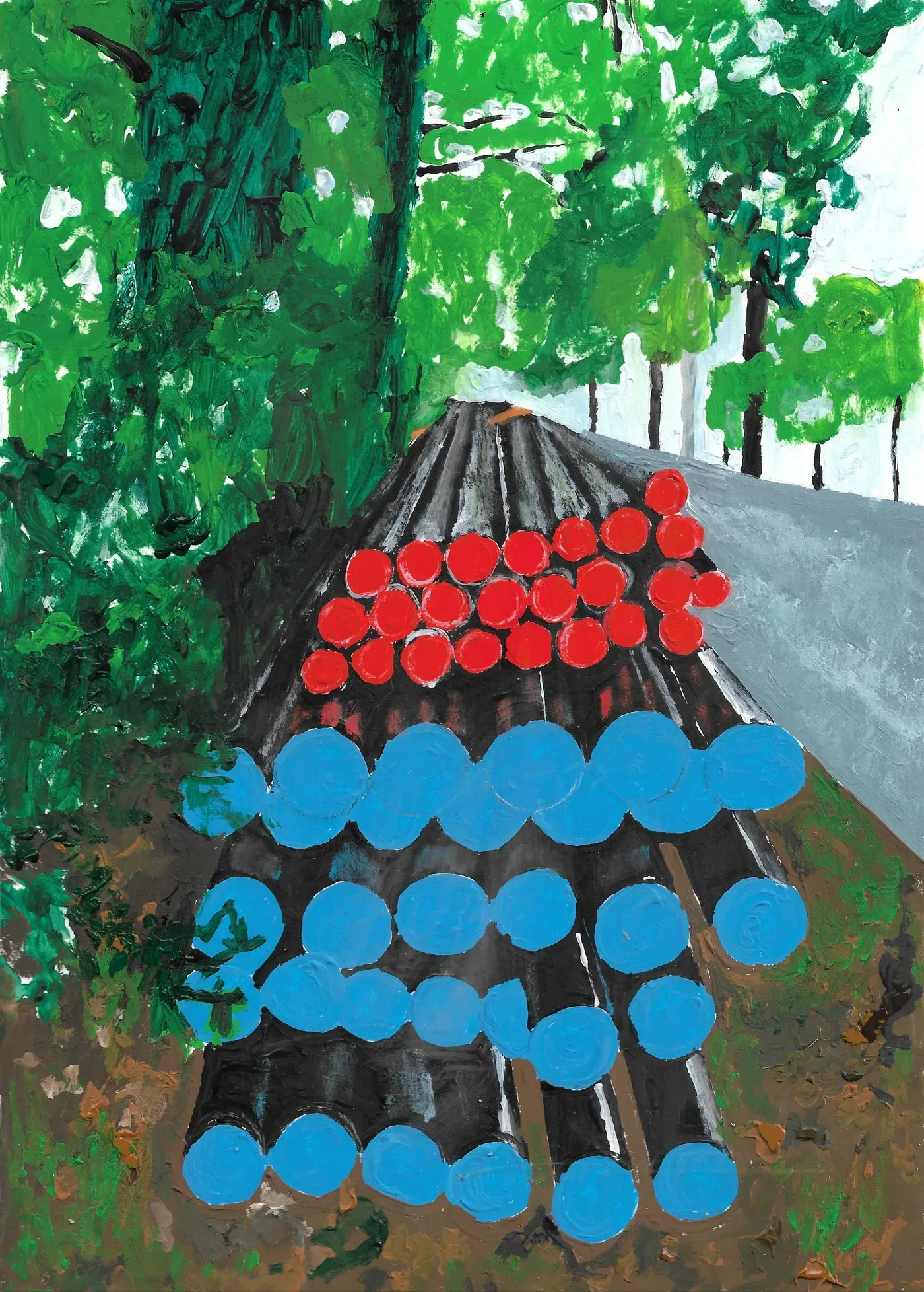 colorful, outside painting , construction side. the titles of the artist are completing her conceptual work, Ellen claes perfectly catch the everyday life 
