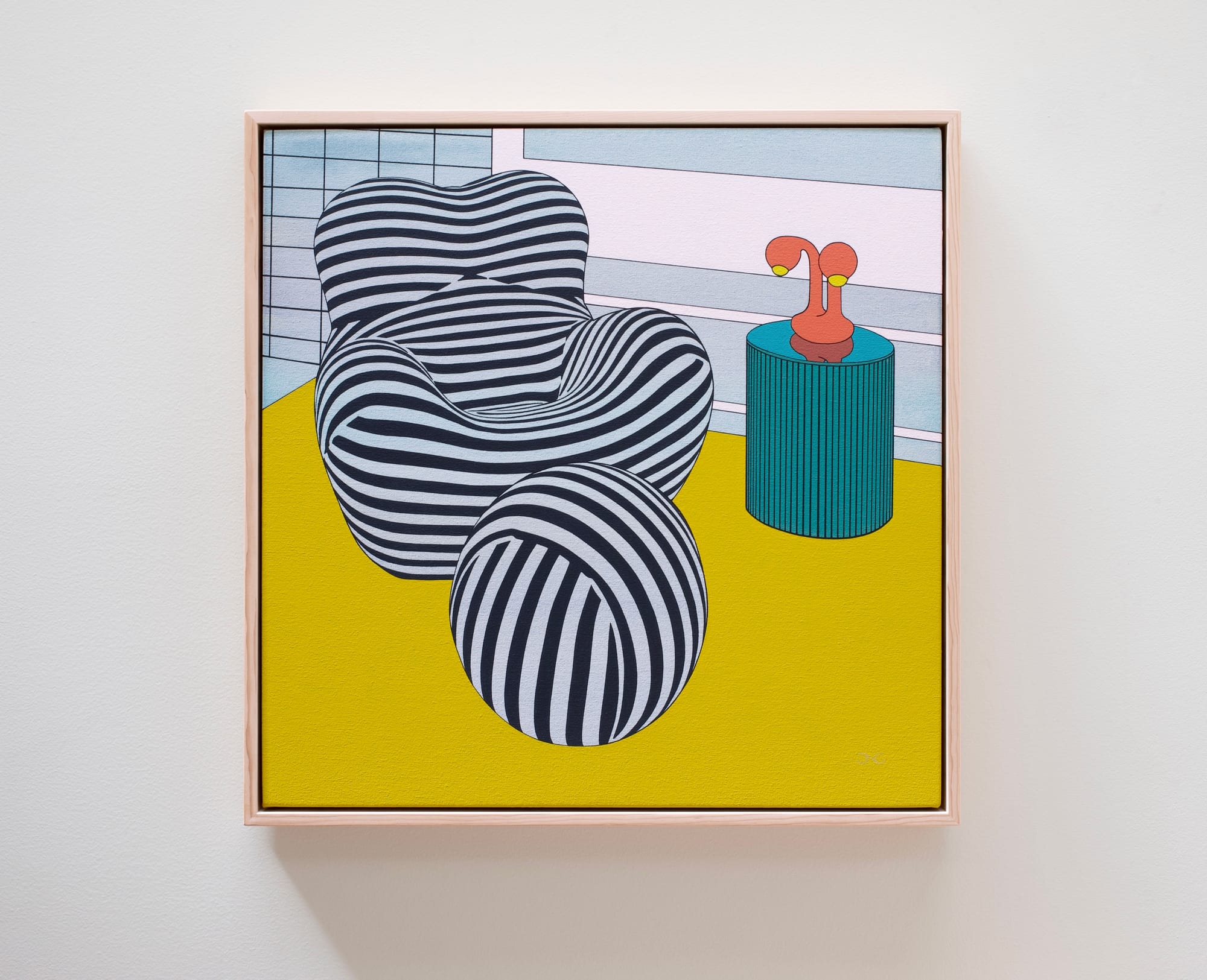 Painting by Chris Cassimatis titled SW Sherwood, showing a striped chair and ball against a bright yellow floor with a teal side table. Image Courtesy of the Artist.