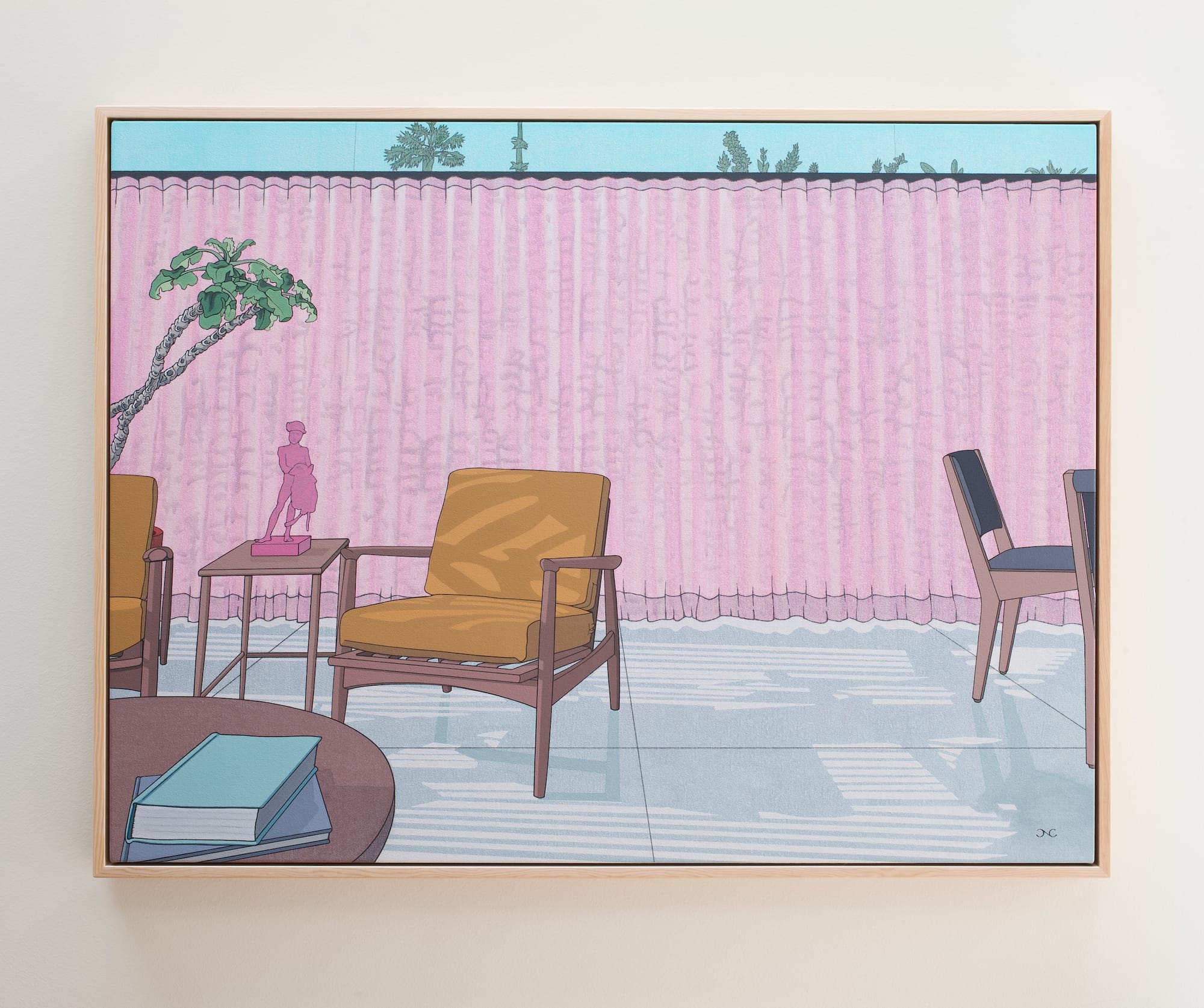 Painting by Chris Cassimatis titled Santa Rosa Way, showing a sunlit interior with chairs, a table, books and soft pink curtains in pastel tones. Image Courtesy of the Artist