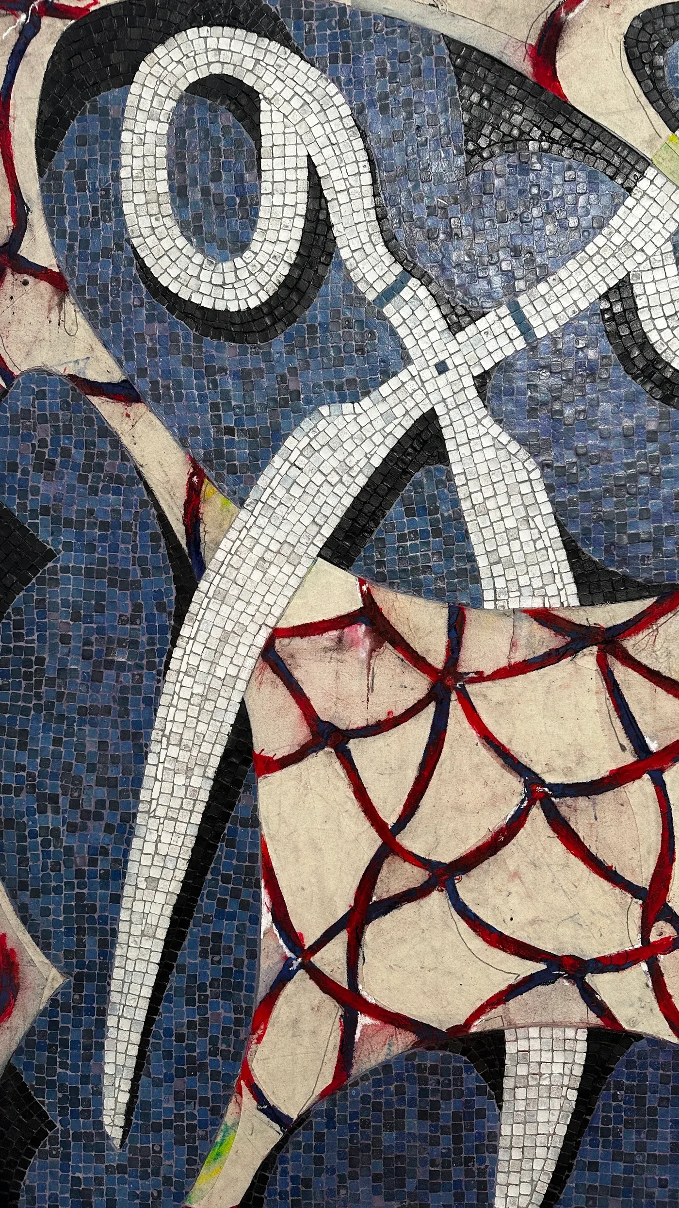 Detail of Egor Lovki’s mosaic work from the exhibition “I Smiled but Misunderstood” at Bildraum 01, Vienna, showing an abstract composition of black, white, blue, and red tesserae with painted surface elements
