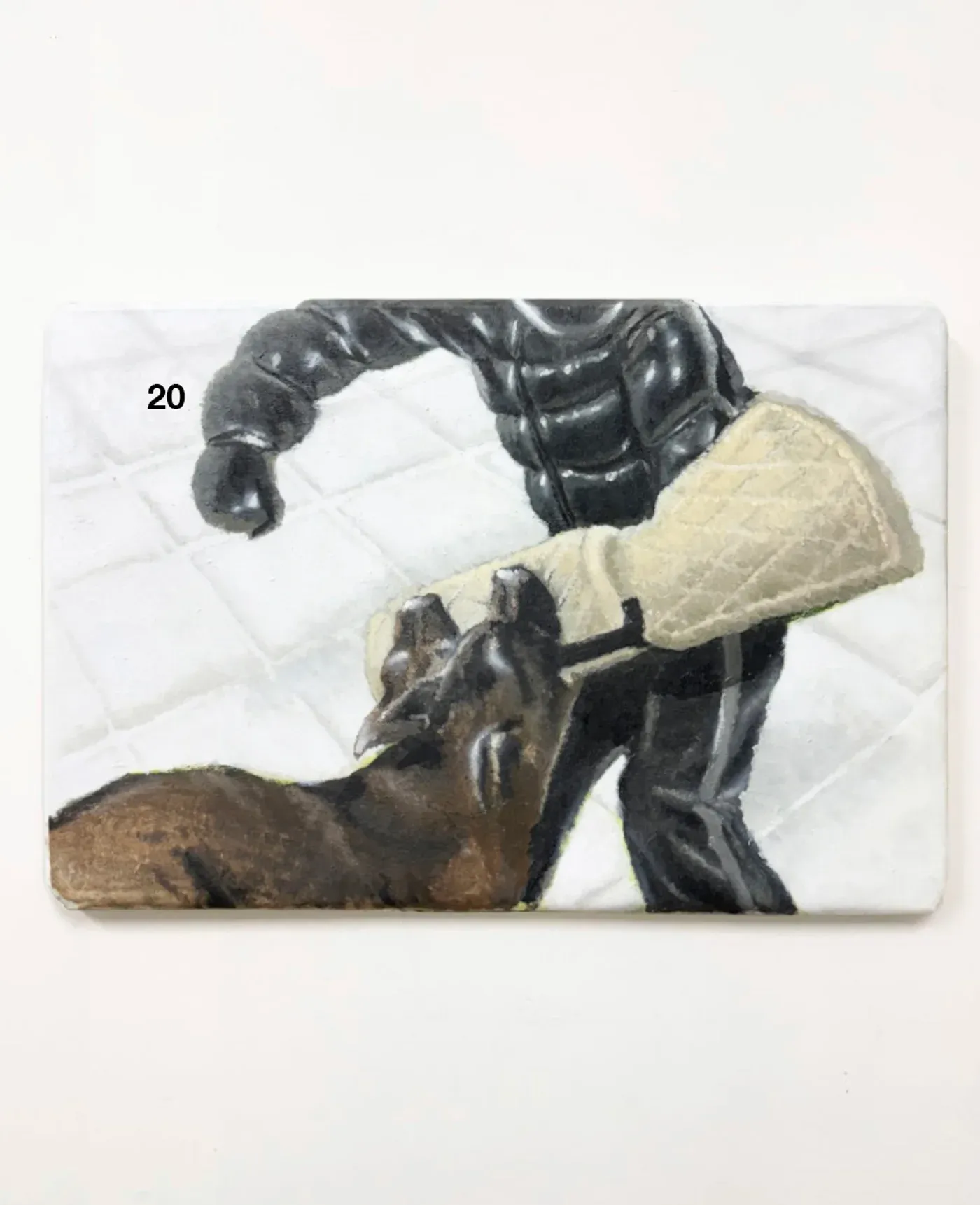 Oil painting of a dog biting into a padded protective sleeve held by a black clad figure in a puffer jacket.