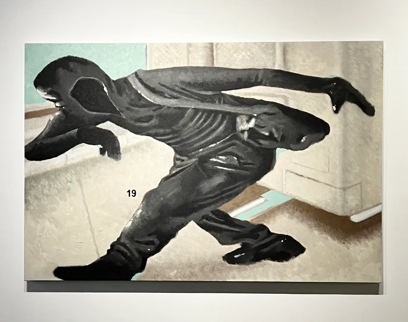 Oil painting of a black clad post human figure bending in motion inside a pale, synthetic urban space.