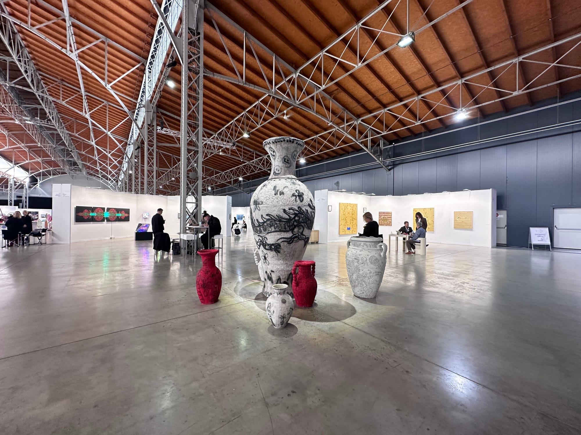 Interior view of MARX HALLE Vienna with open steel architecture and wide exhibition space during SPARK Art Fair Vienna 2026, emphasizing solo artist presentations