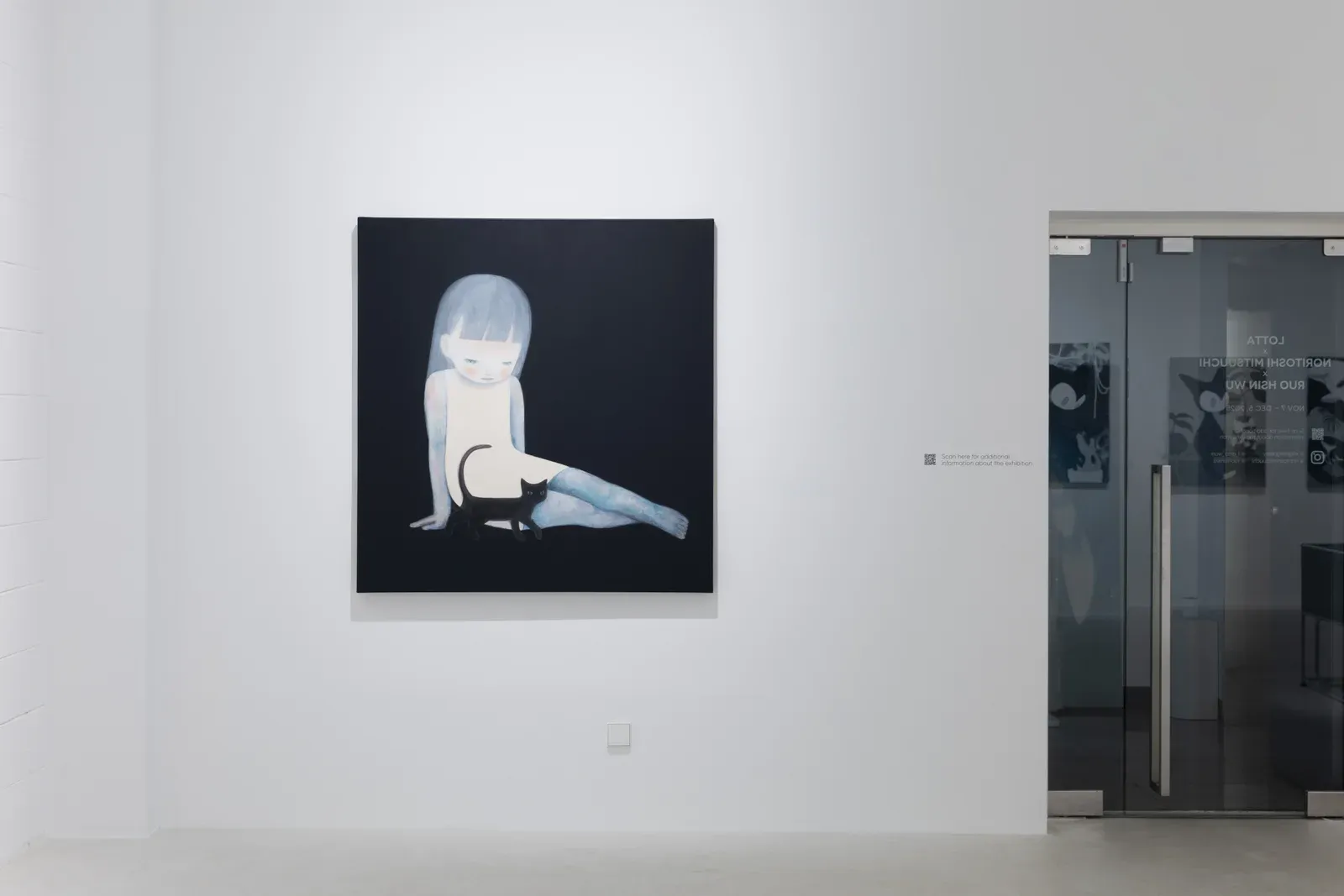 Installation view of a single painting by Ruo-Hsin Wu displayed on a white gallery wall at Eligere Gallery, showing a pale figurative figure set against a dark background.